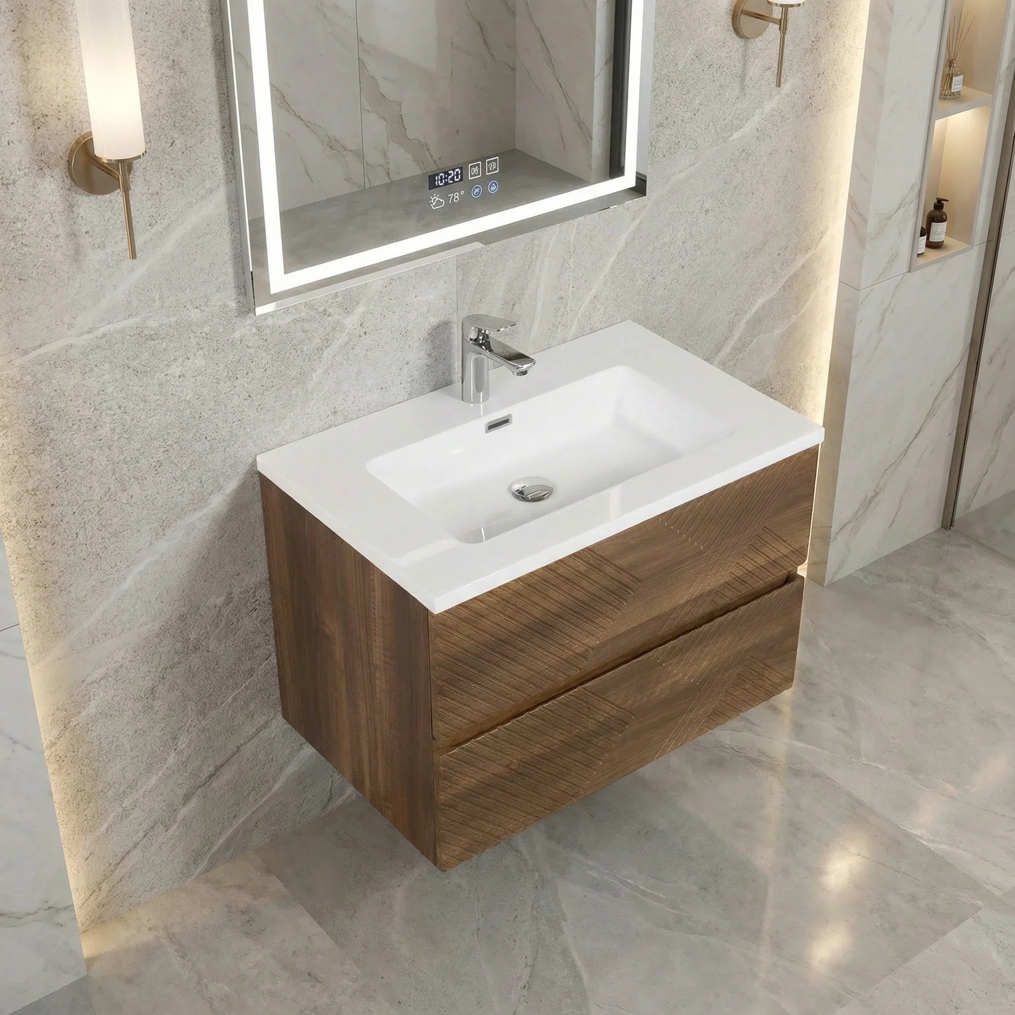 30" Walnut Wall Mount Single Sink Bathroom Vanity with White Polymarble Countertop