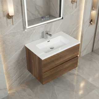 30" Walnut Wall Mount Single Sink Bathroom Vanity with White Polymarble Countertop