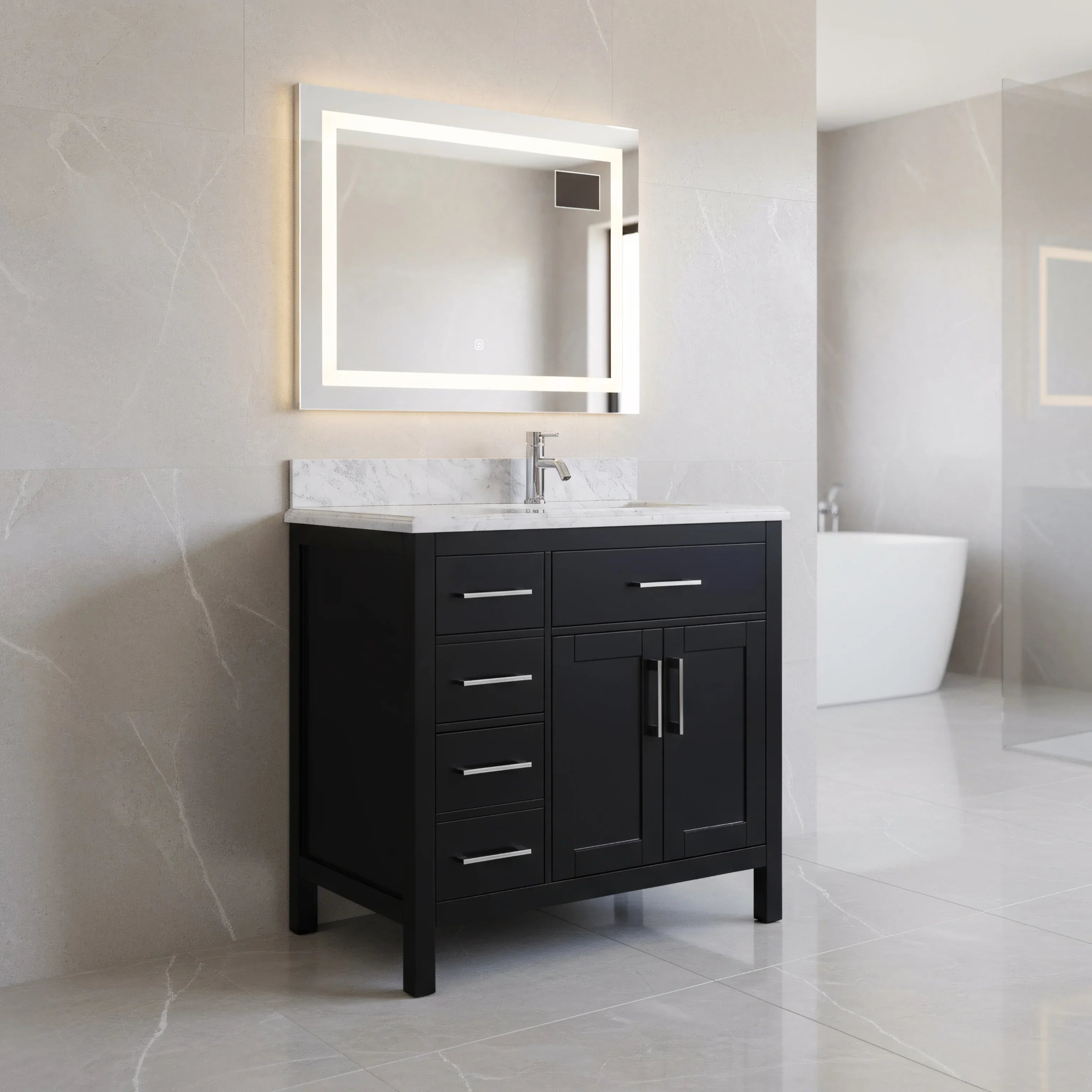 Meuble Lavabo Autoportant Noir 36po avec Comptoir en Marbre Carrera