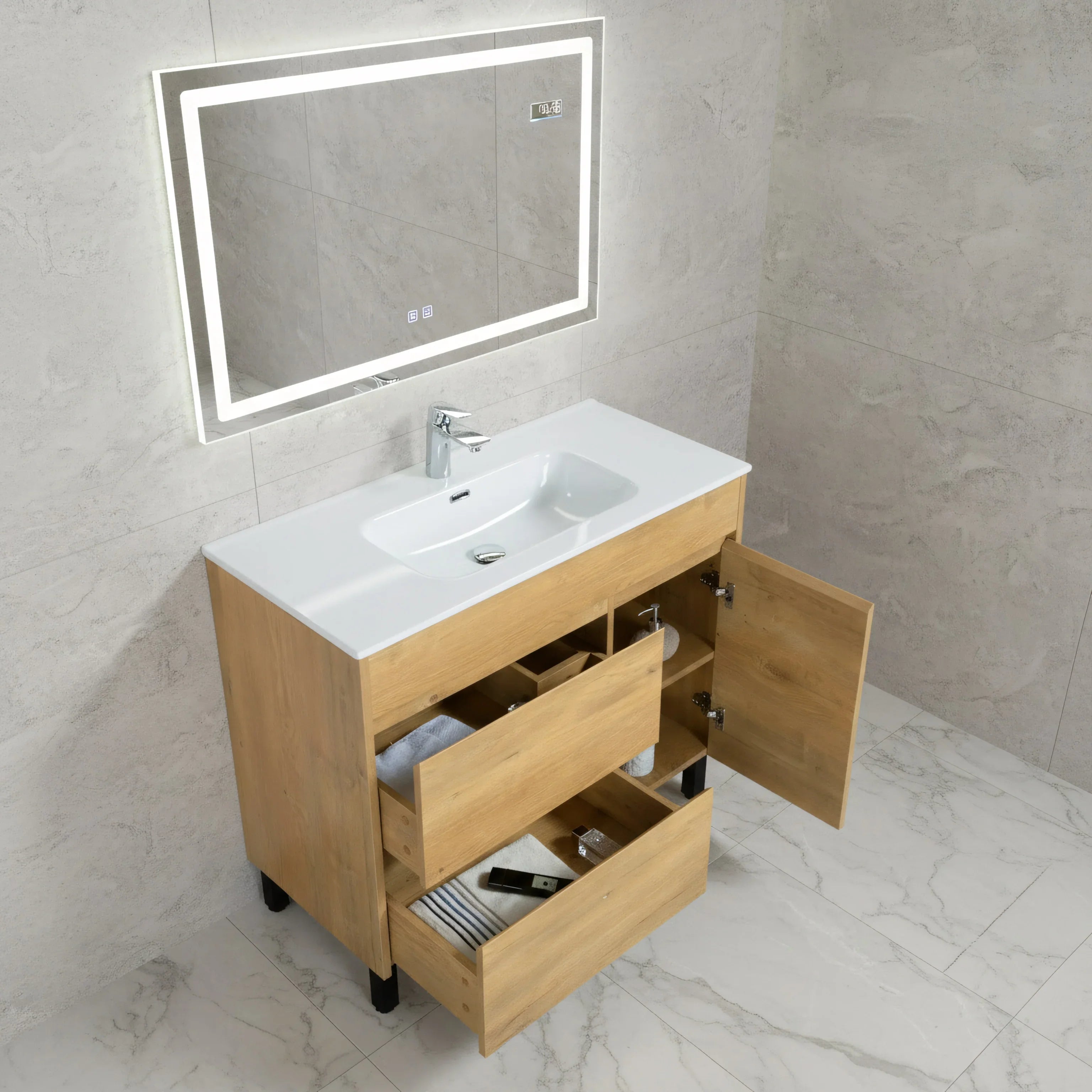 40" Frosted Oak Freestanding Bathroom Vanity with White Ceramic Countertop