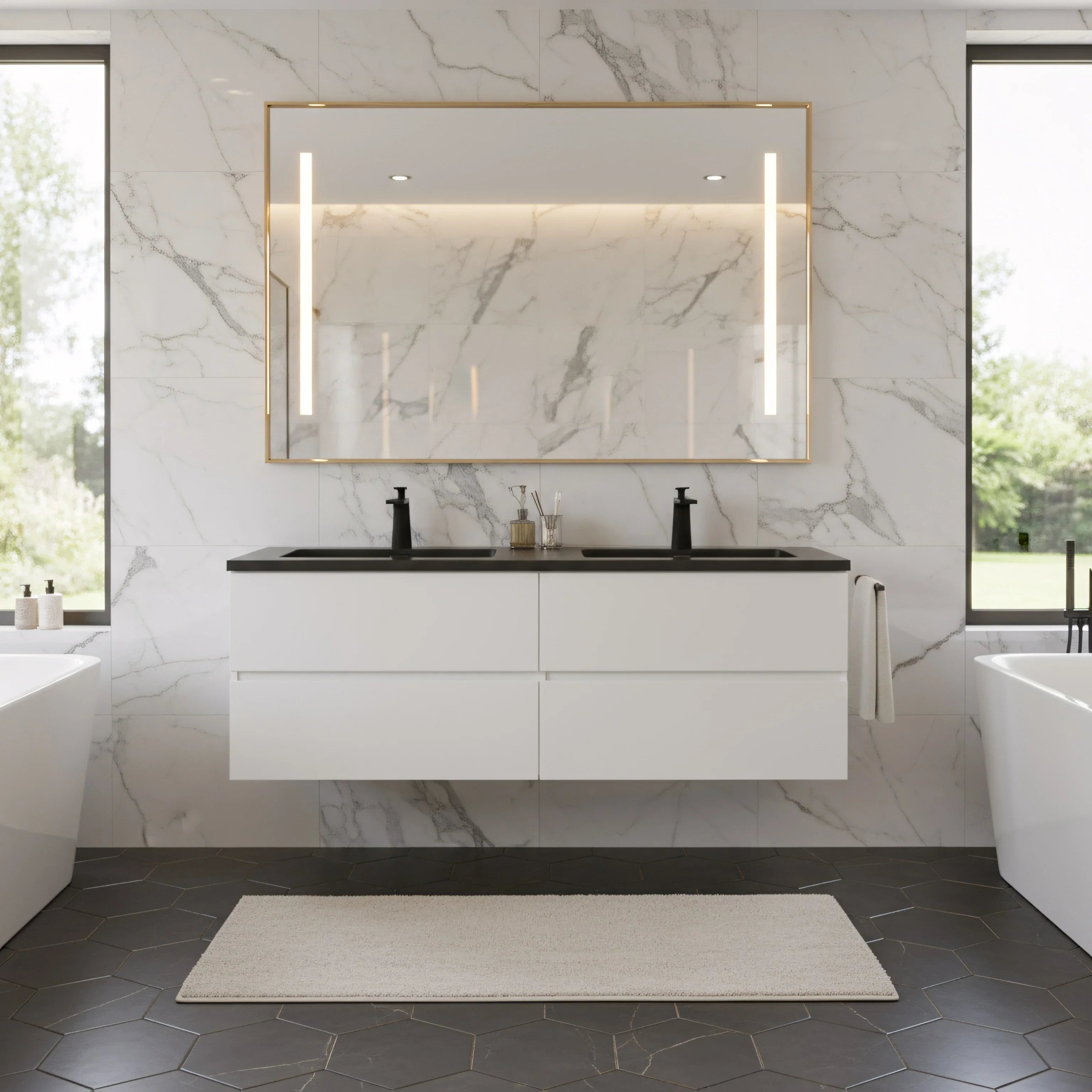 60" White Wall Mount Double Sink Bathroom Vanity with Black Engineered Quartz Countertop