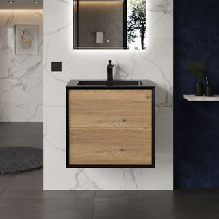 Meuble-Lavabo Mural 24po Noir et Chêne Brut avec Comptoir de Quartz d'ingénierie Noir 