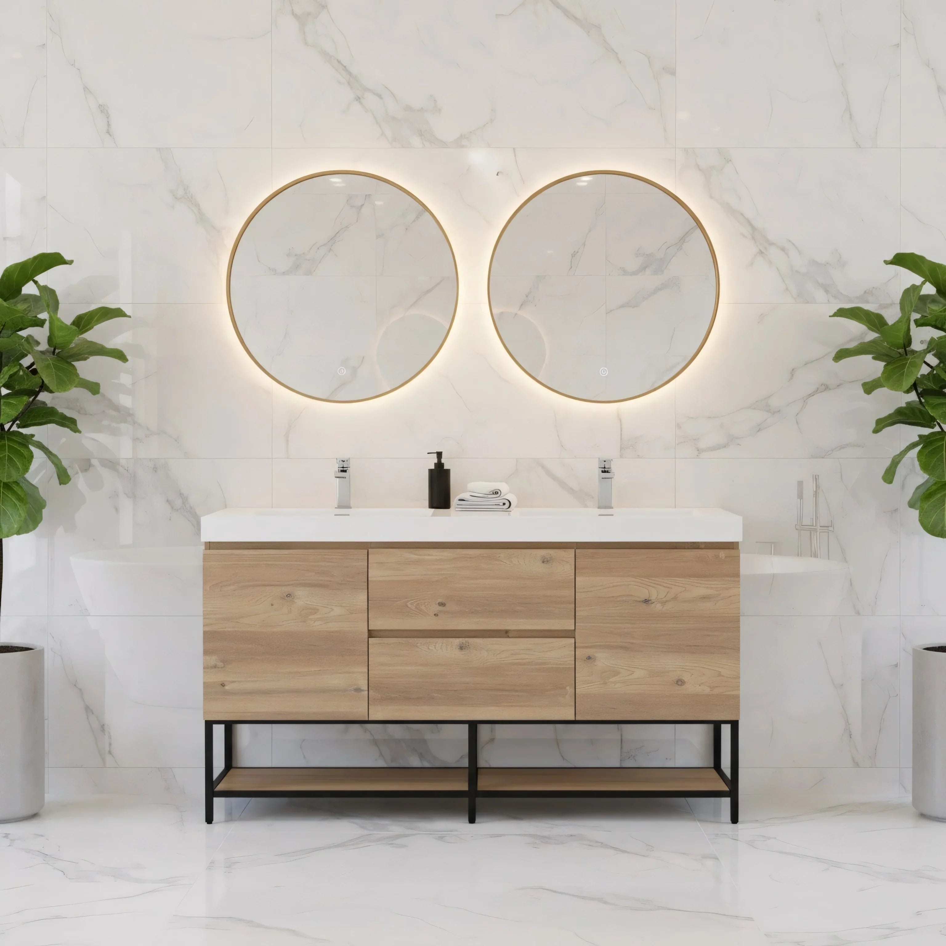 60" Rough Oak Wall Mount Double Sink Bathroom Vanity with White Polymarble Countertop