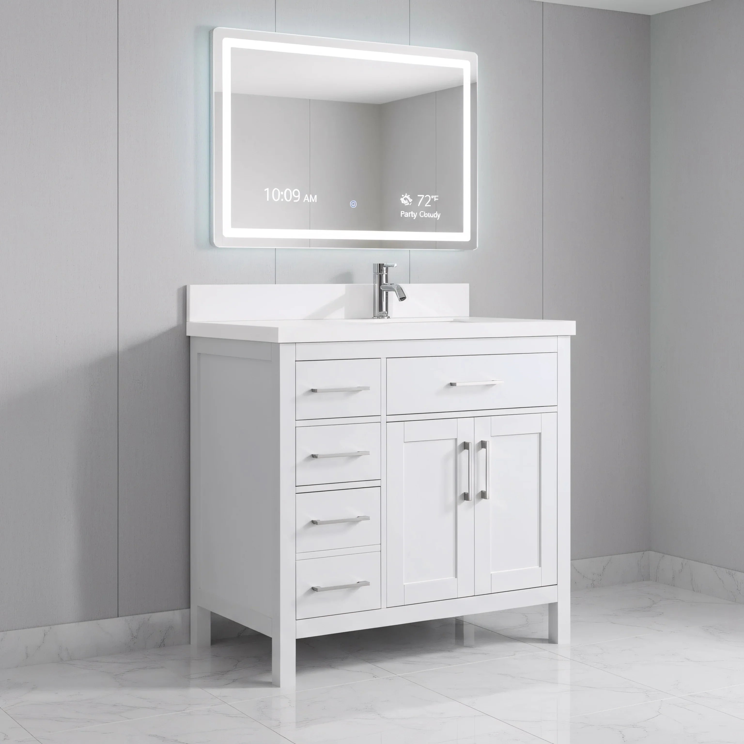 36" White Freestanding Single Sink Bathroom Vanity with Snow White Quartz Countertop