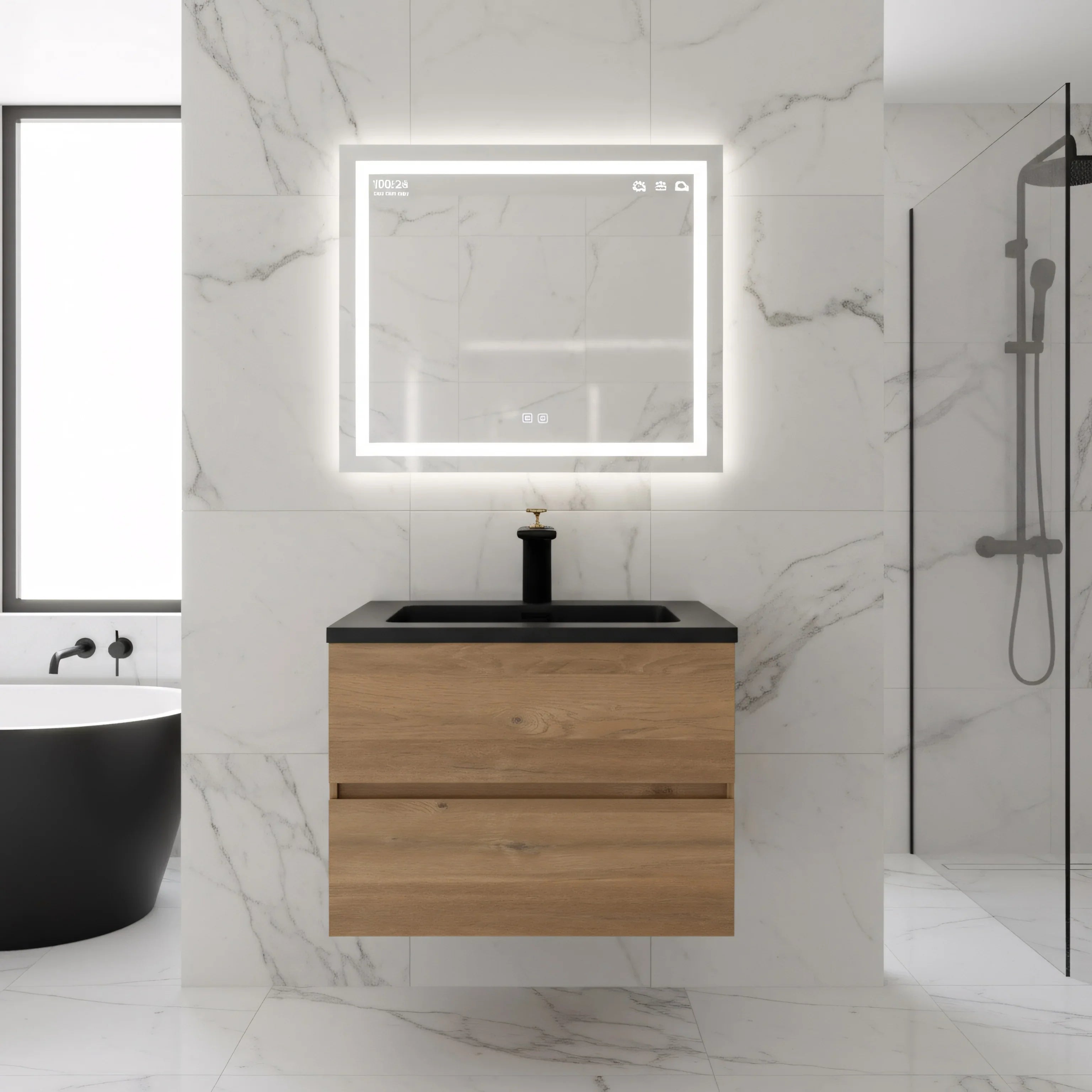 Meuble-Lavabo Mural 24po Chêne Brut avec Comptoir de Quartz d'ingénierie Noir