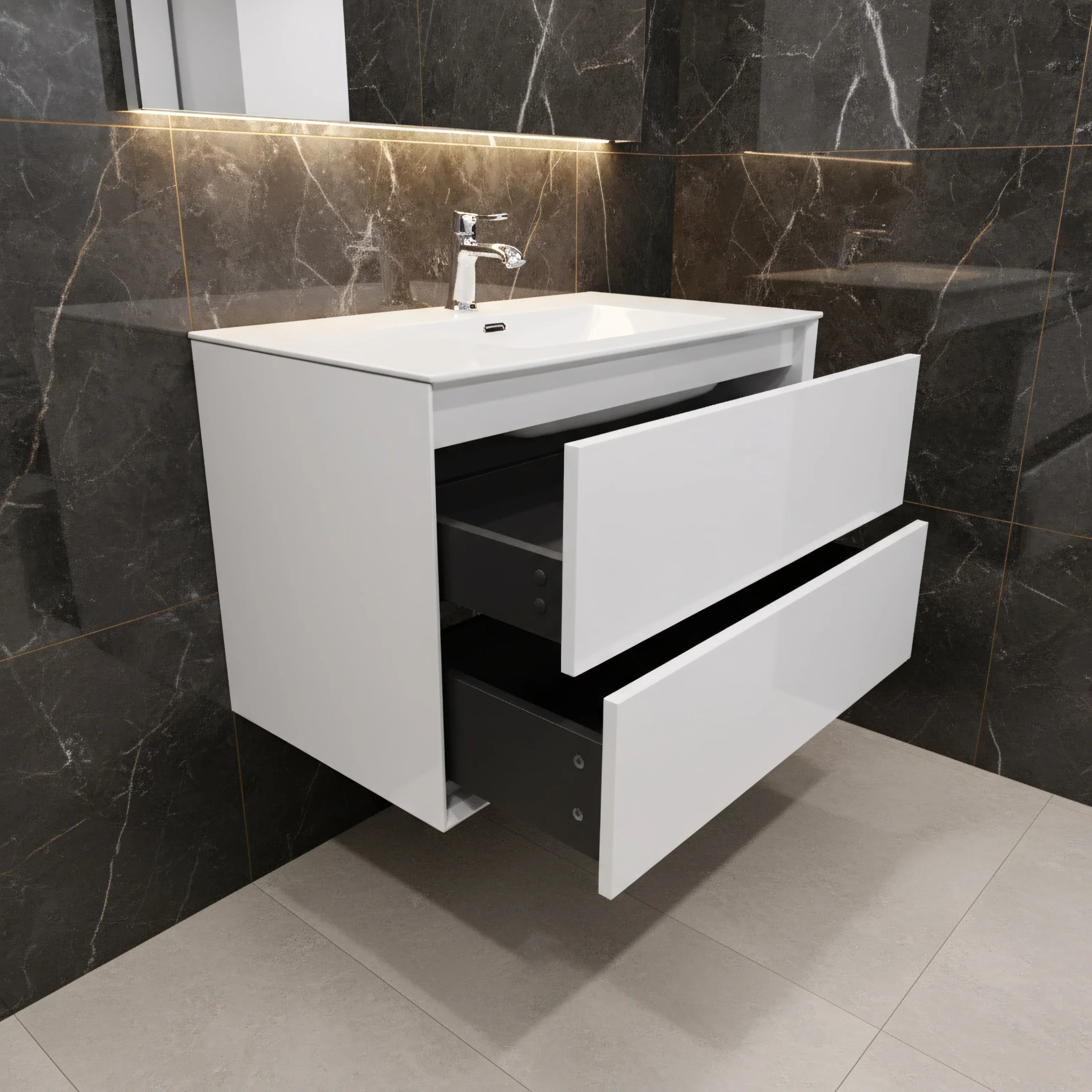 36" White Wall Mount Vanity with White Polymarble Countertop