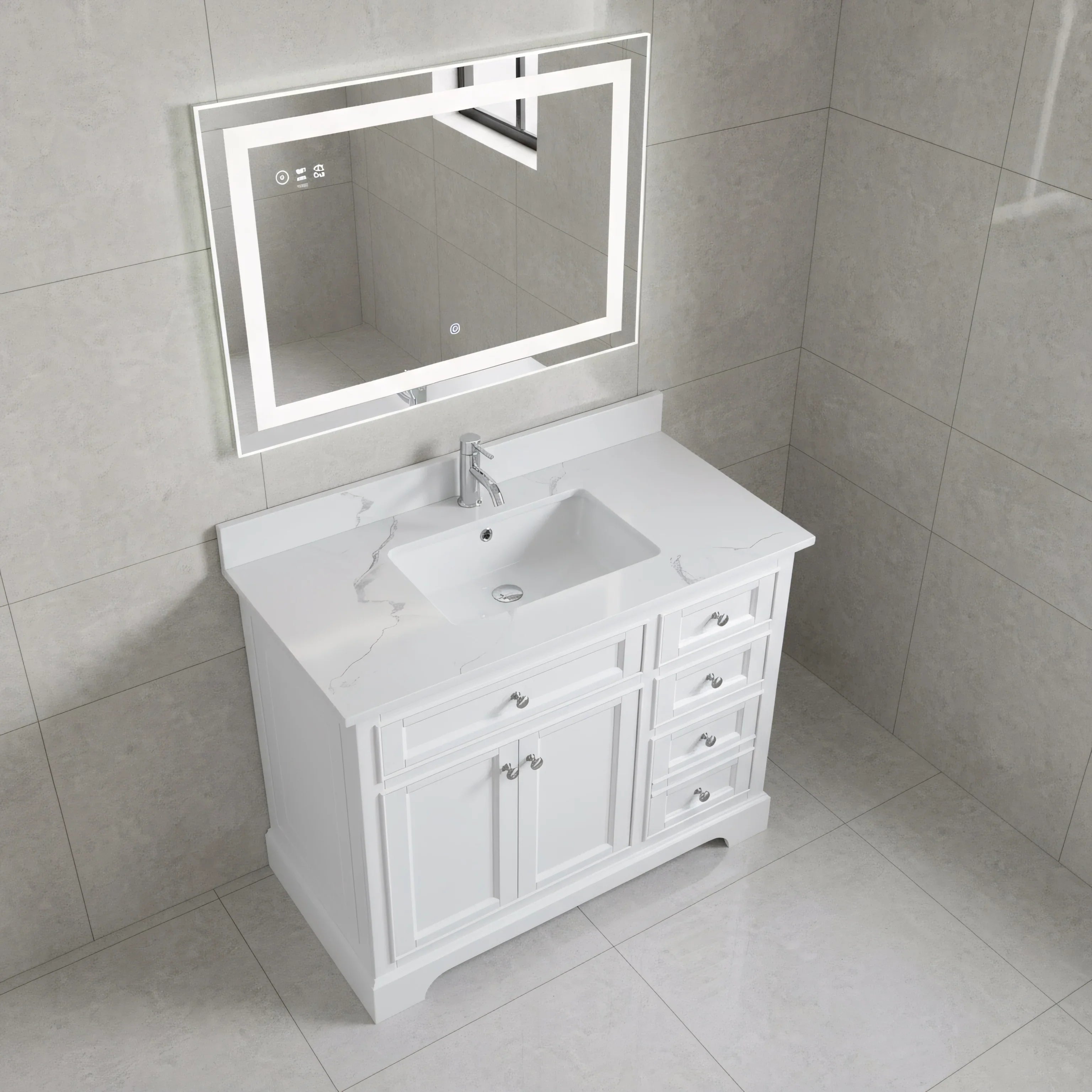 42" White Freestanding Single Sink Bathroom Vanity with Engineered Calcutta Marble Countertop