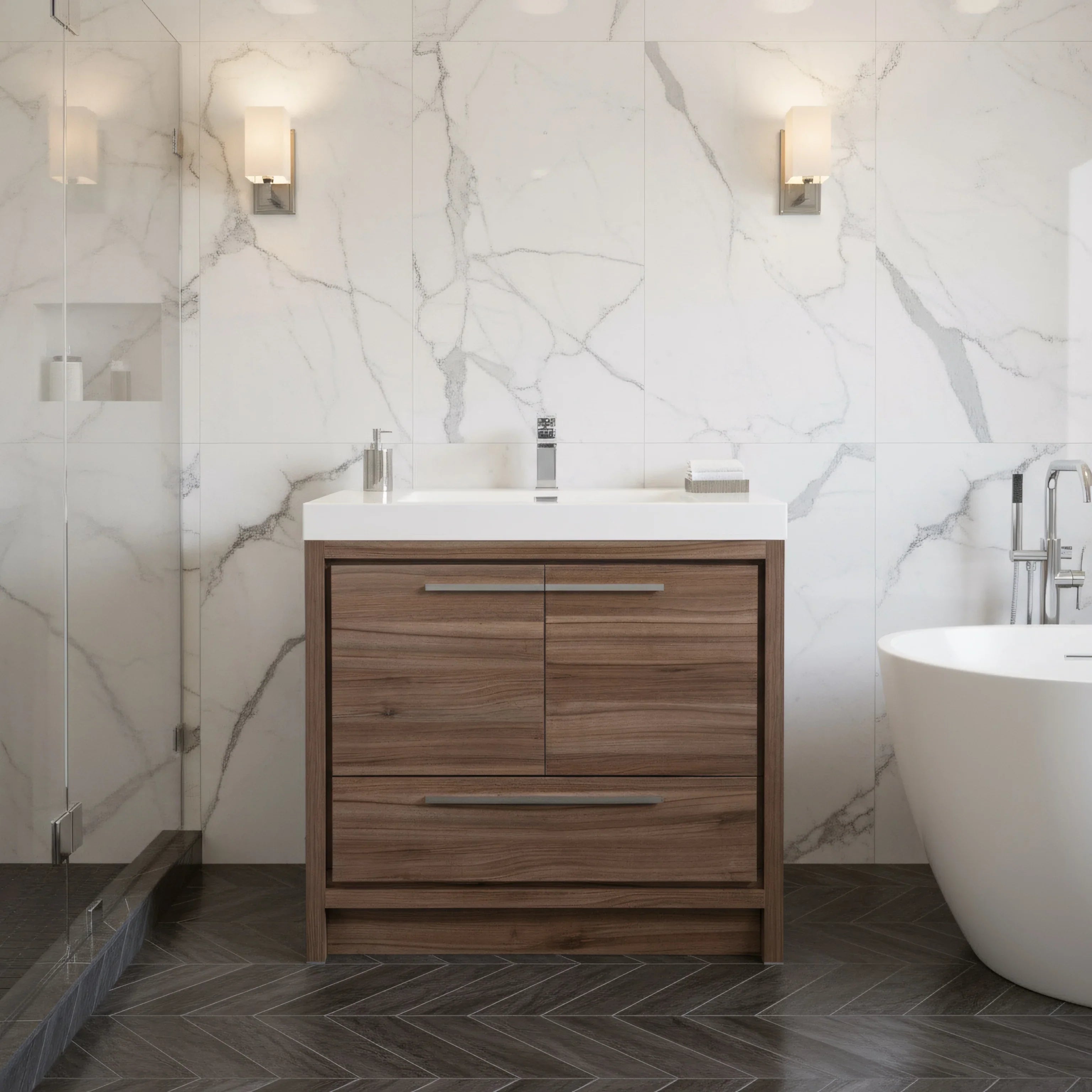 36" Walnut Freestanding Bathroom Vanity with White Polymarble Countertop