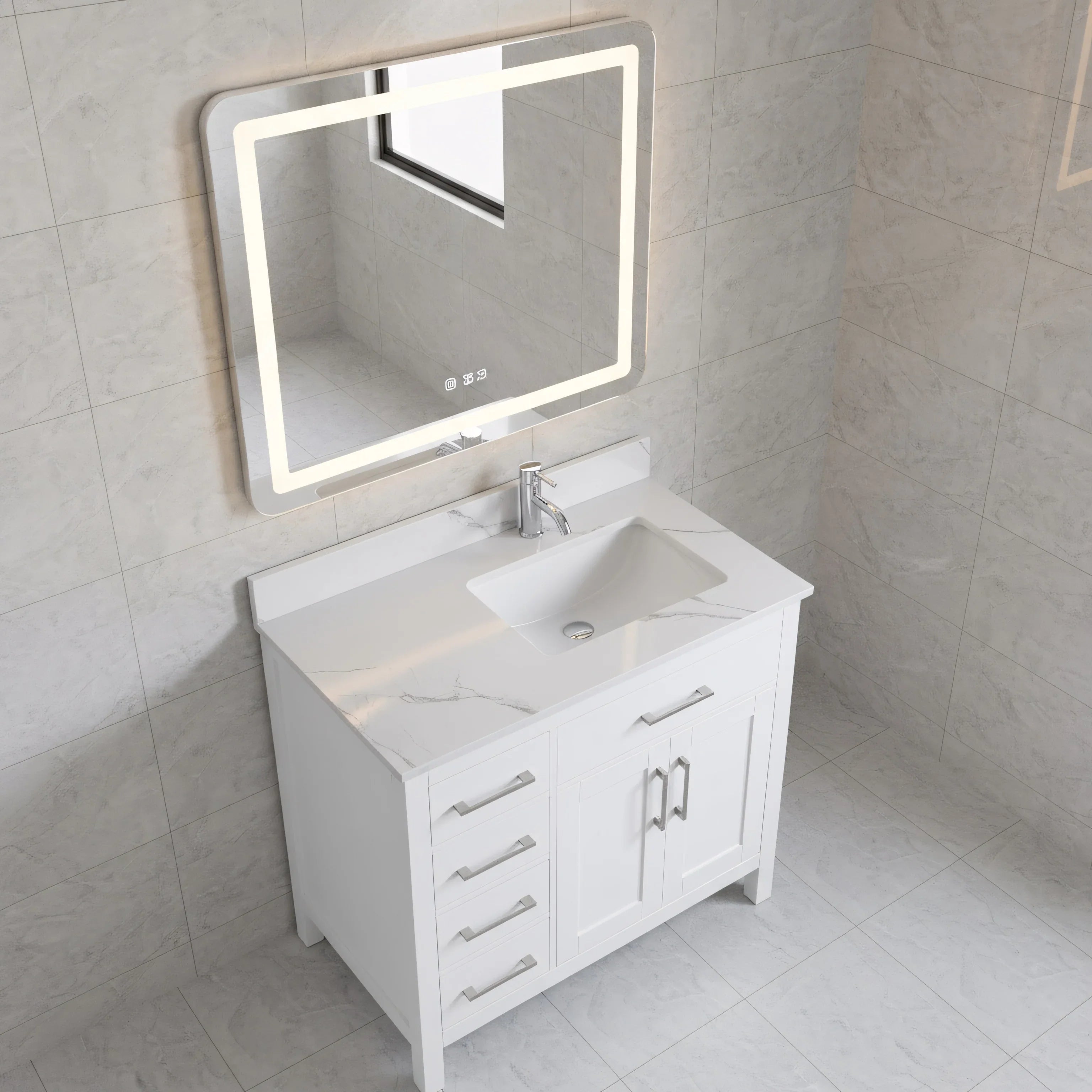 Meuble-Lavabo Autoportant 36po Blanc avec Comptoir de Marbre Ingénierie Calcutta