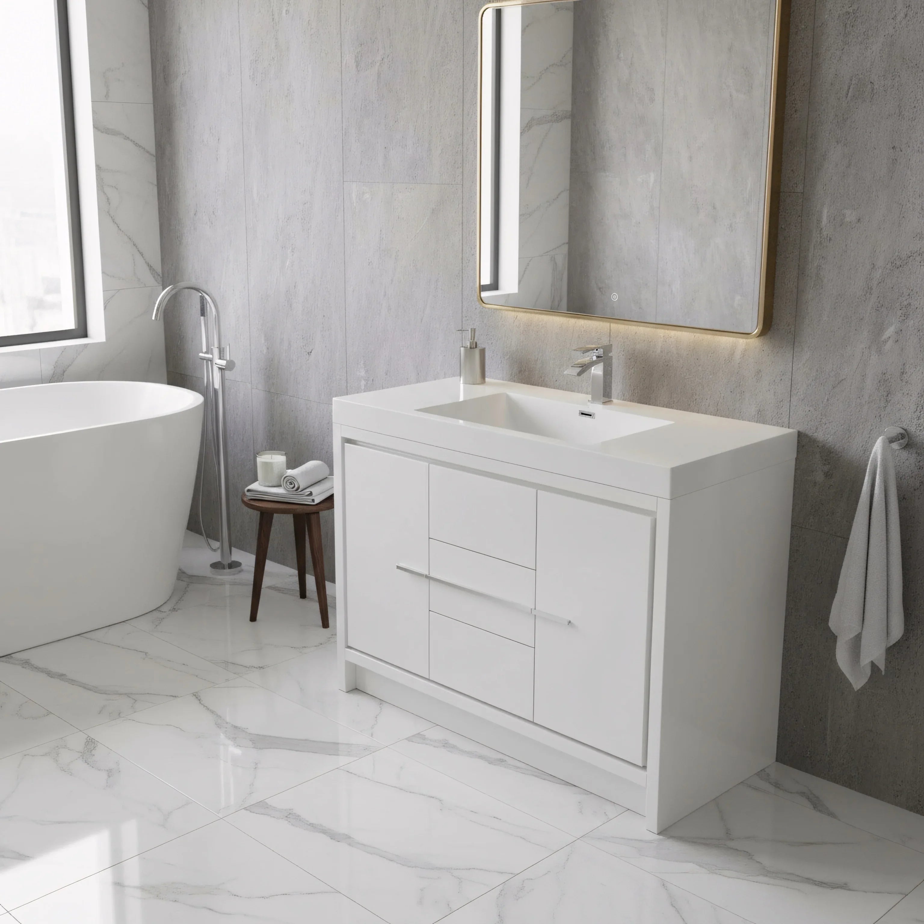 Meuble-Lavabo Autoportant 42po Blanc Brillant avec Comptoir de Polymarbre Blanc 