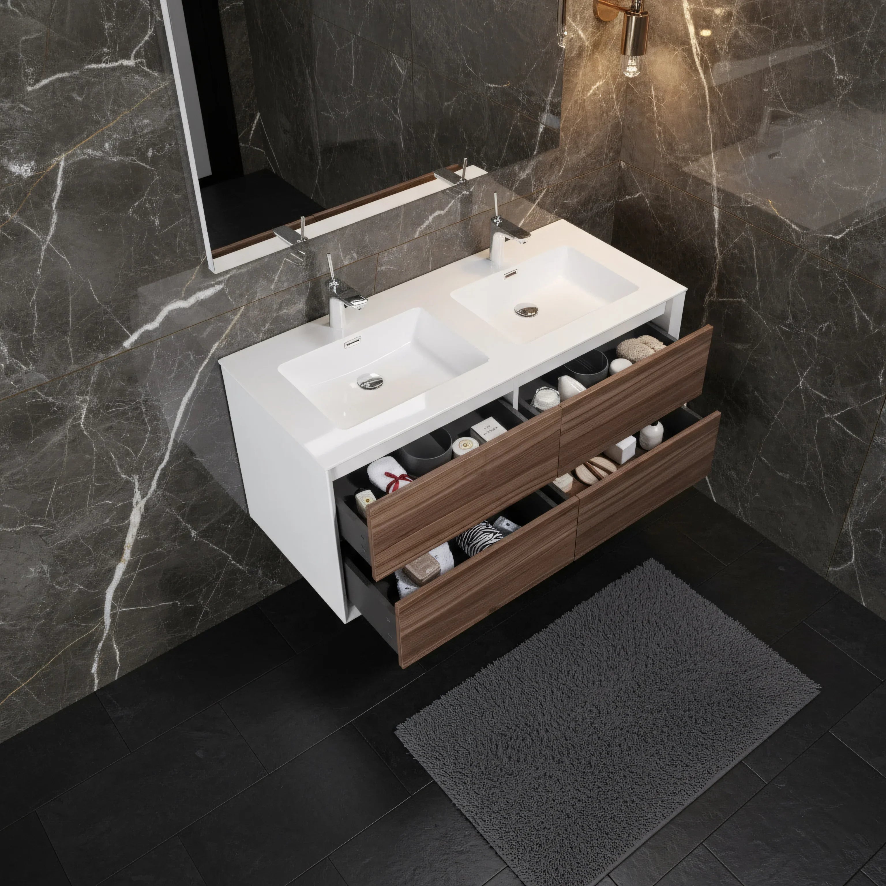 48" Walnut Wall Mount Double Sink Bathroom Vanity with White Polymarble Countertop