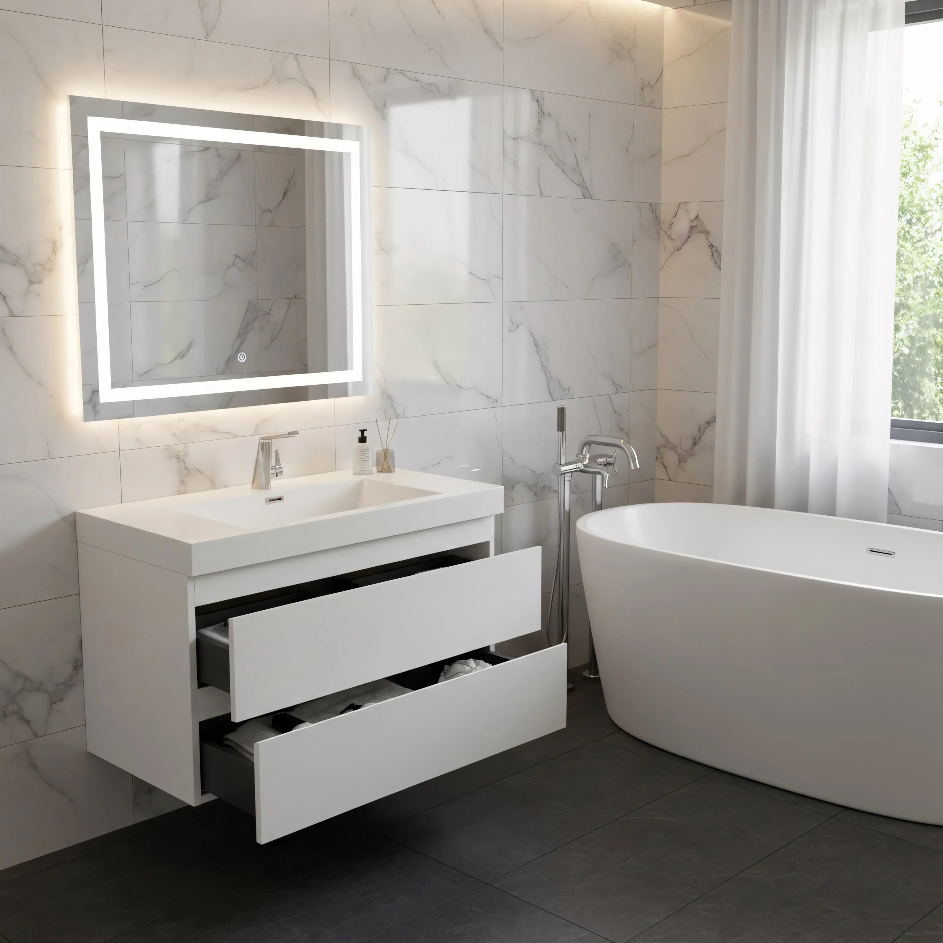 36" Glossy White Wall Mount Bathroom Vanity with White Polymarble Countertop