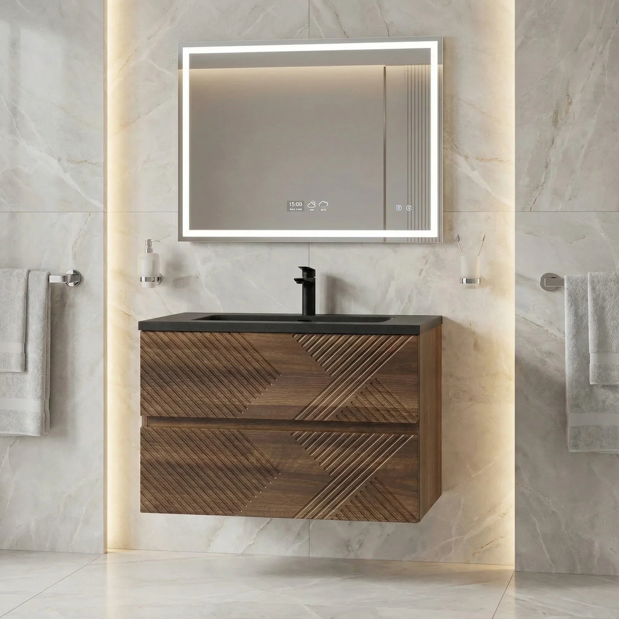 30" Walnut Wall Mount Single Sink Bathroom Vanity with Black Engineered Quartz Countertop