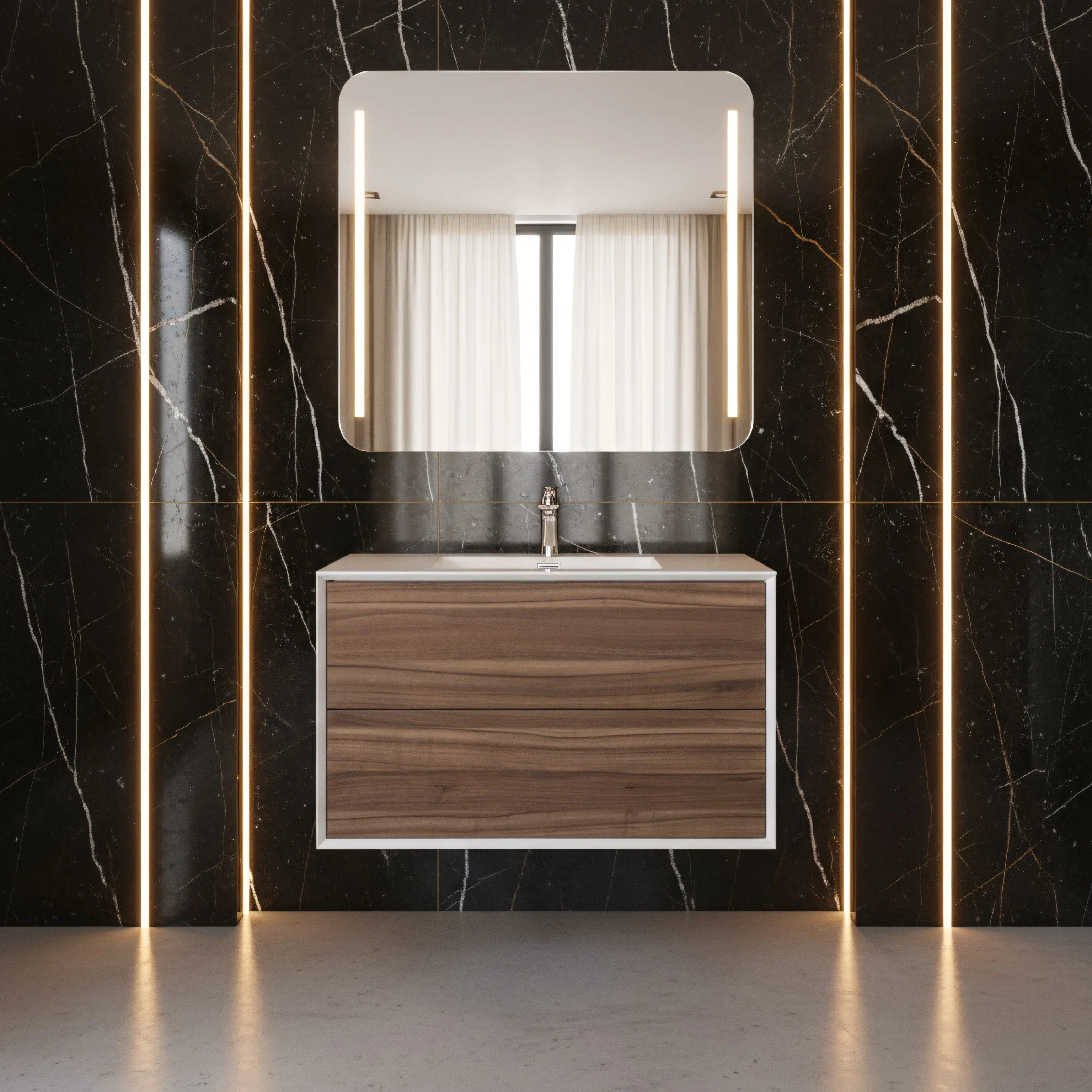 Meuble-lavabo mural en noyer de 36" avec Comptoir en polymarbre blanc