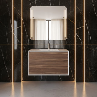 Meuble-lavabo mural en noyer de 36" avec Comptoir en polymarbre blanc