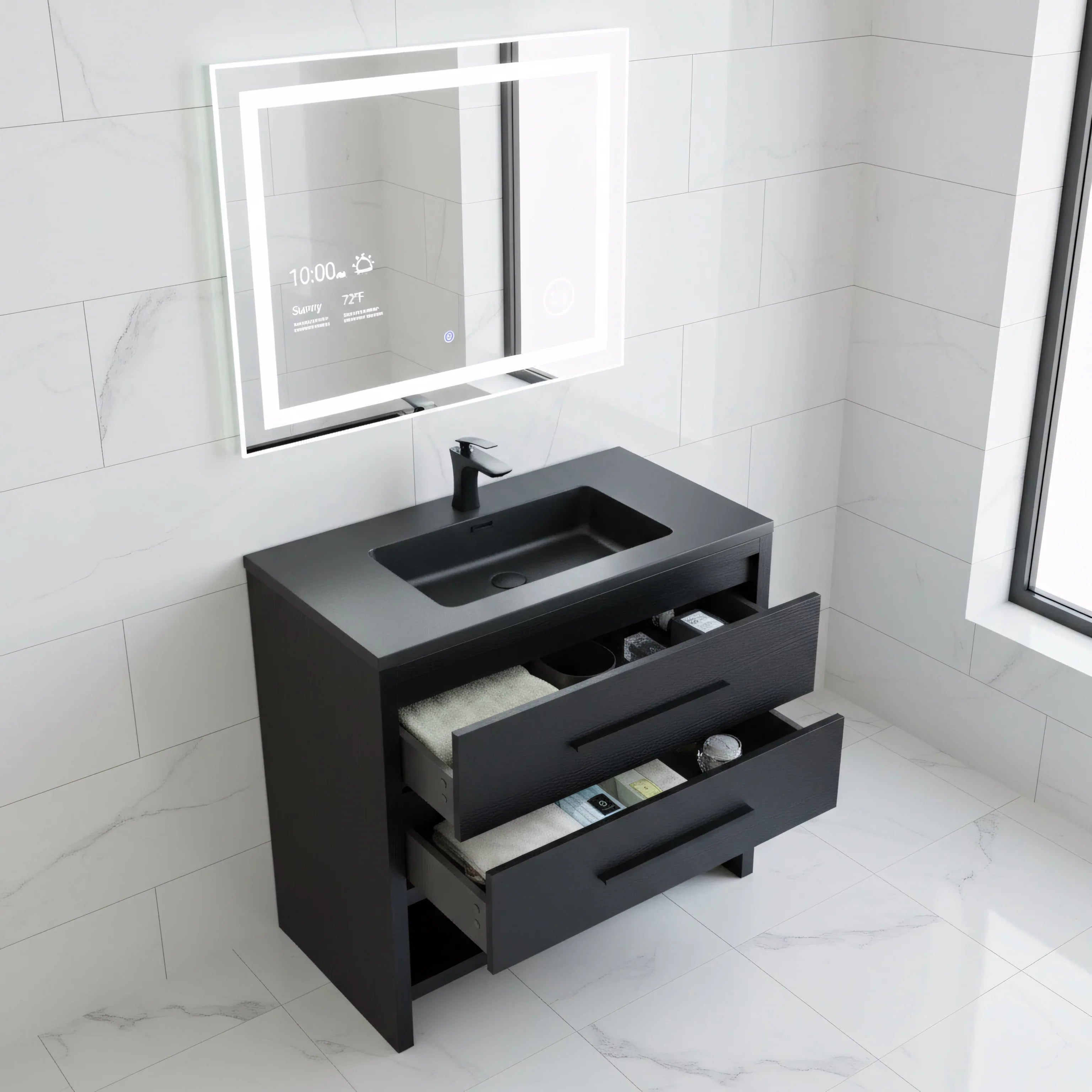 Meuble-Lavabo Autoportant 36po Chêne Brut Noir avec Comptoir de Quartz d'ingénierie Noir