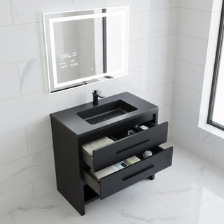 36" Black Rough Oak Freestanding Bathroom Vanity with Black Engineered Quartz Countertop