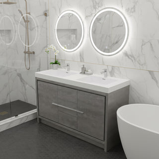 60" Cement Freestanding Double Sink Bathroom Vanity with White Polymarble Countertop