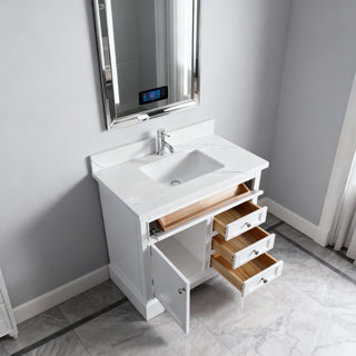 36" White Freestanding Bathroom Vanity with Engineered Calcutta Marble Countertop