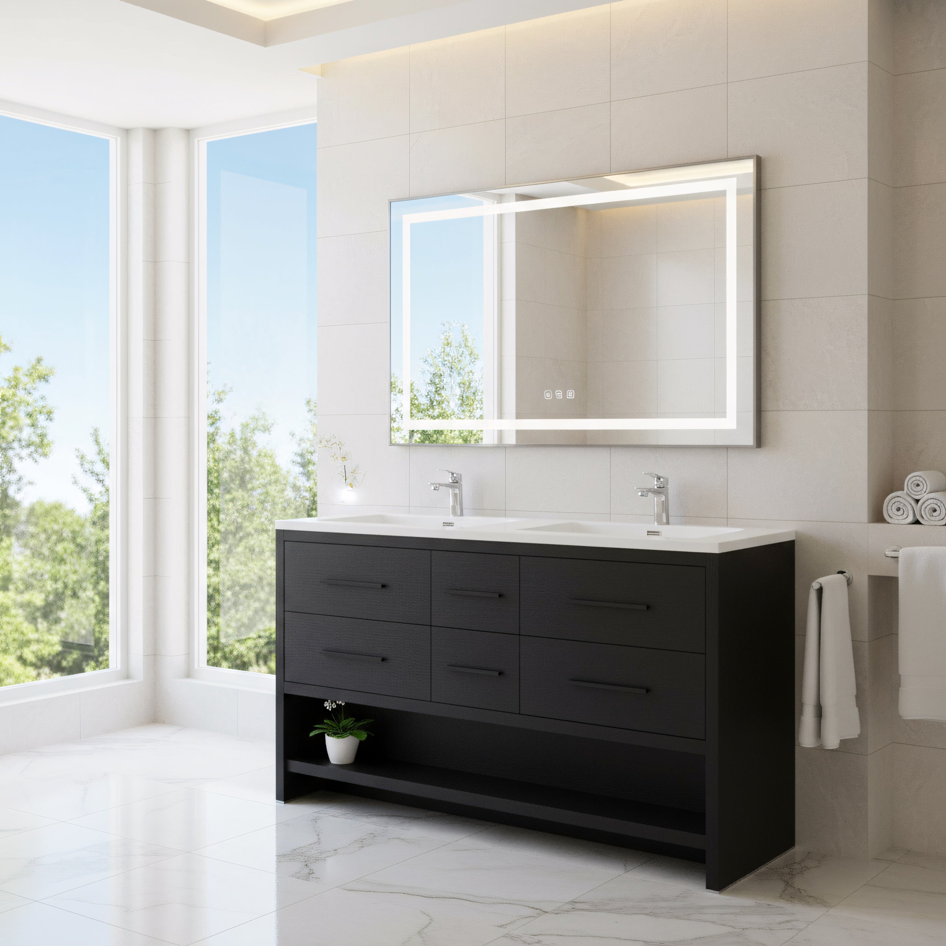 72" Black Rough Oak Freestanding Double Sink Bathroom Vanity with White Polymarble Countertop