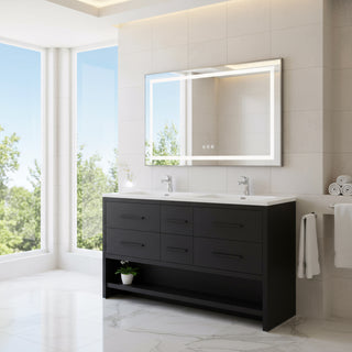 72" Black Rough Oak Freestanding Double Sink Bathroom Vanity with White Polymarble Countertop