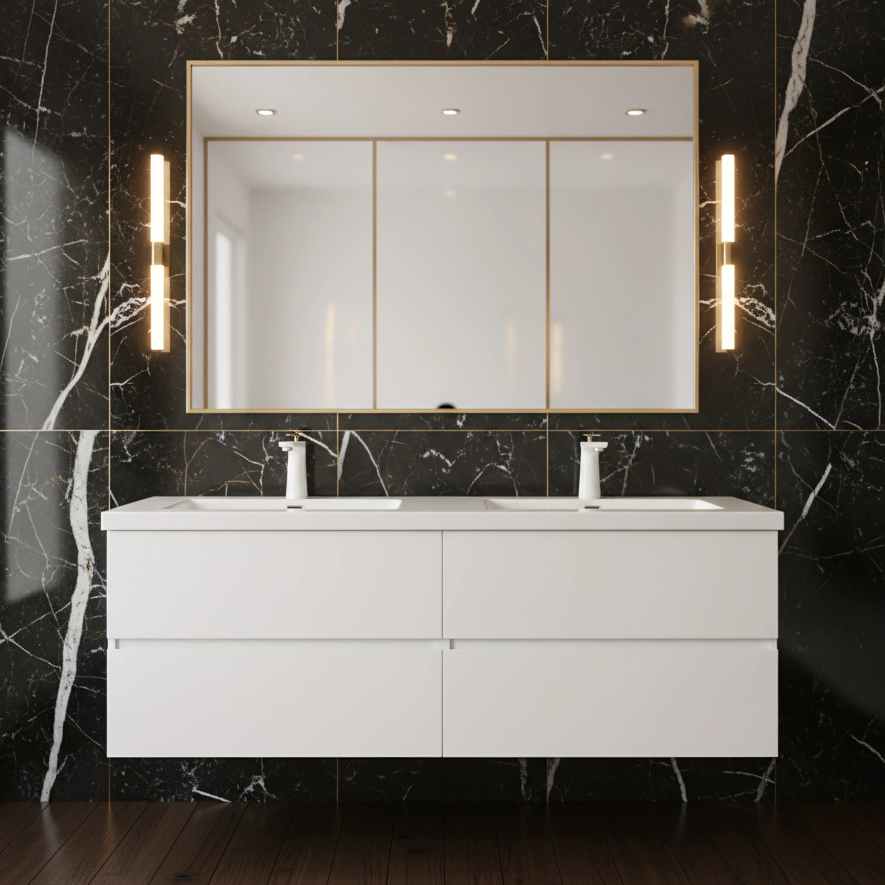 60" White Wall Mount Double Sink Bathroom Vanity with White Polymarble Countertop