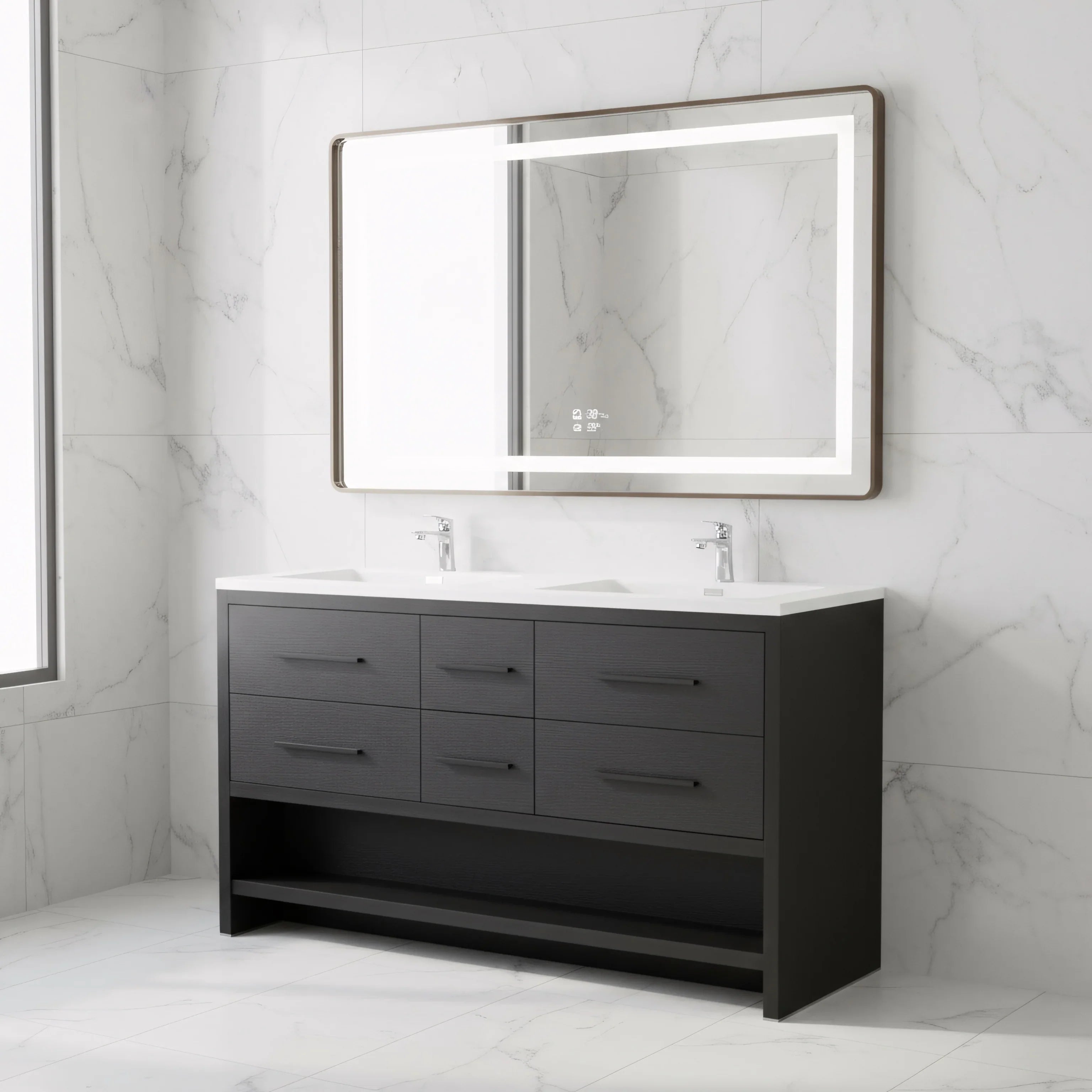 60" Black Oak Freestanding Double Sink Bathroom Vanity with White Polymarble Countertop