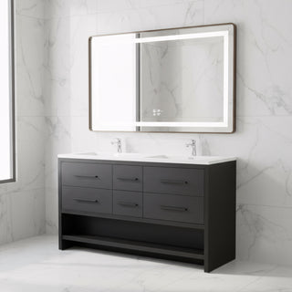 60" Black Oak Freestanding Double Sink Bathroom Vanity with White Polymarble Countertop