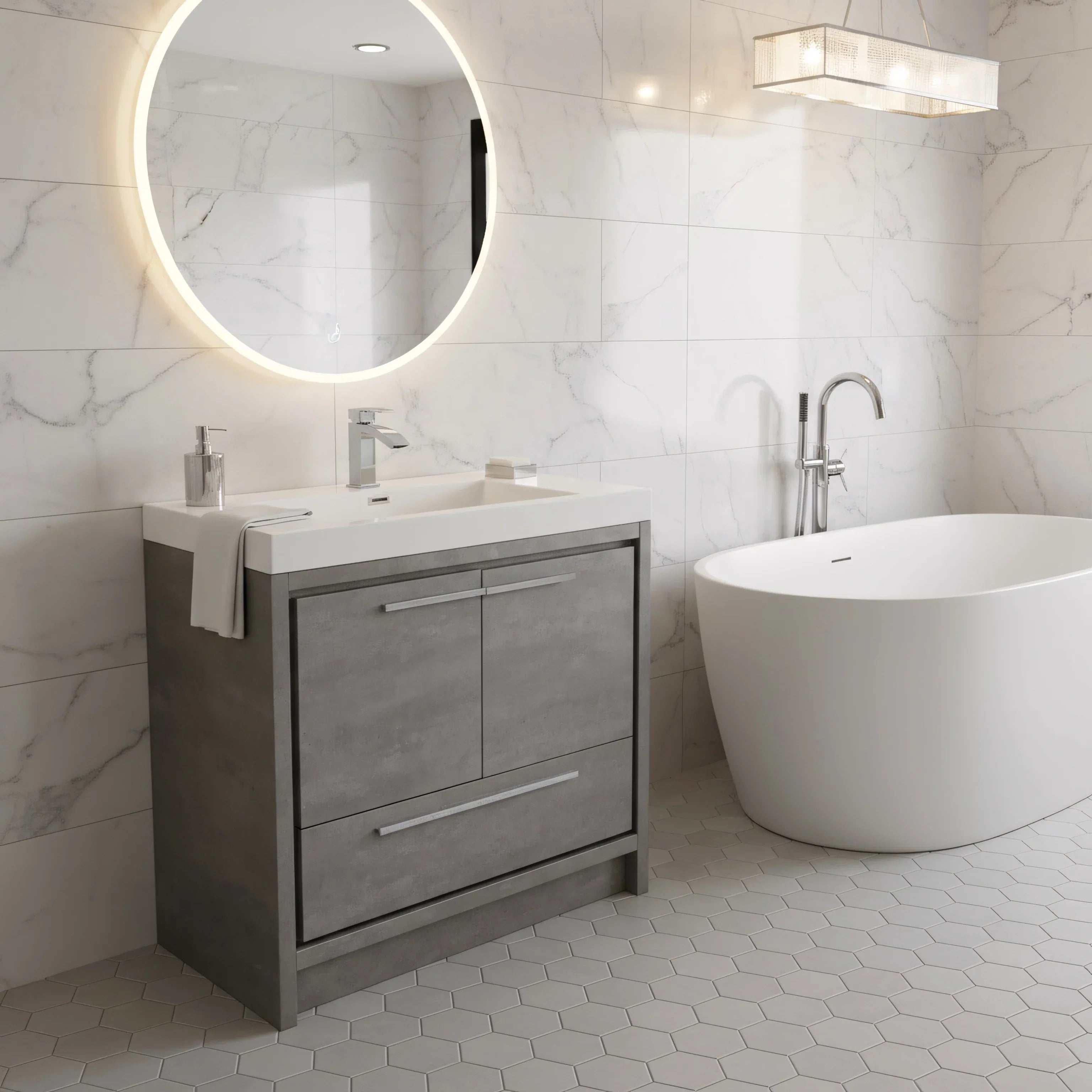 Meuble-Lavabo Autoportant 36po Ciment avec Comptoir de Polymarbre Blanc 