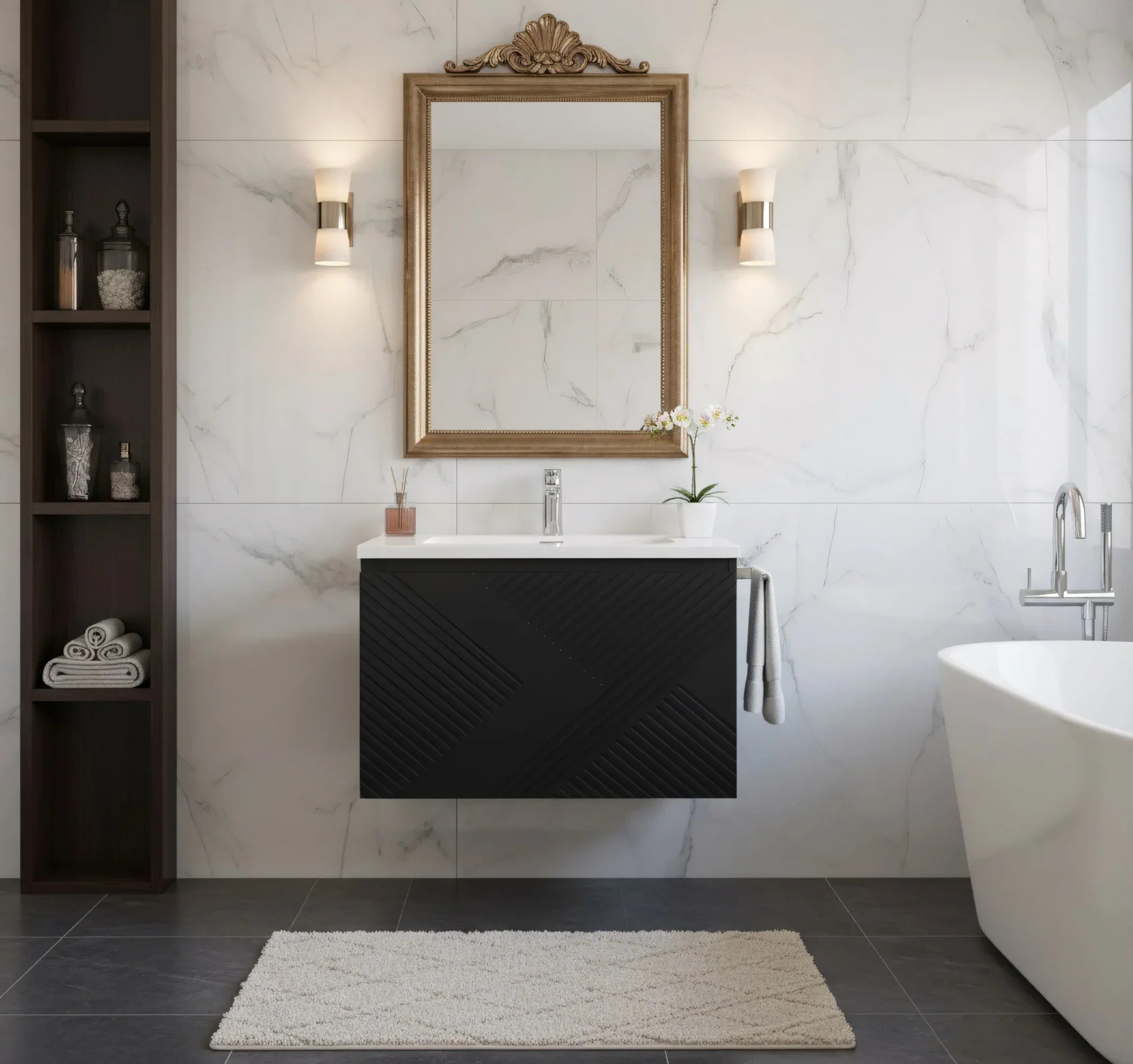 30" Black Wall Mount Bathroom Vanity with White Polymarble Countertop