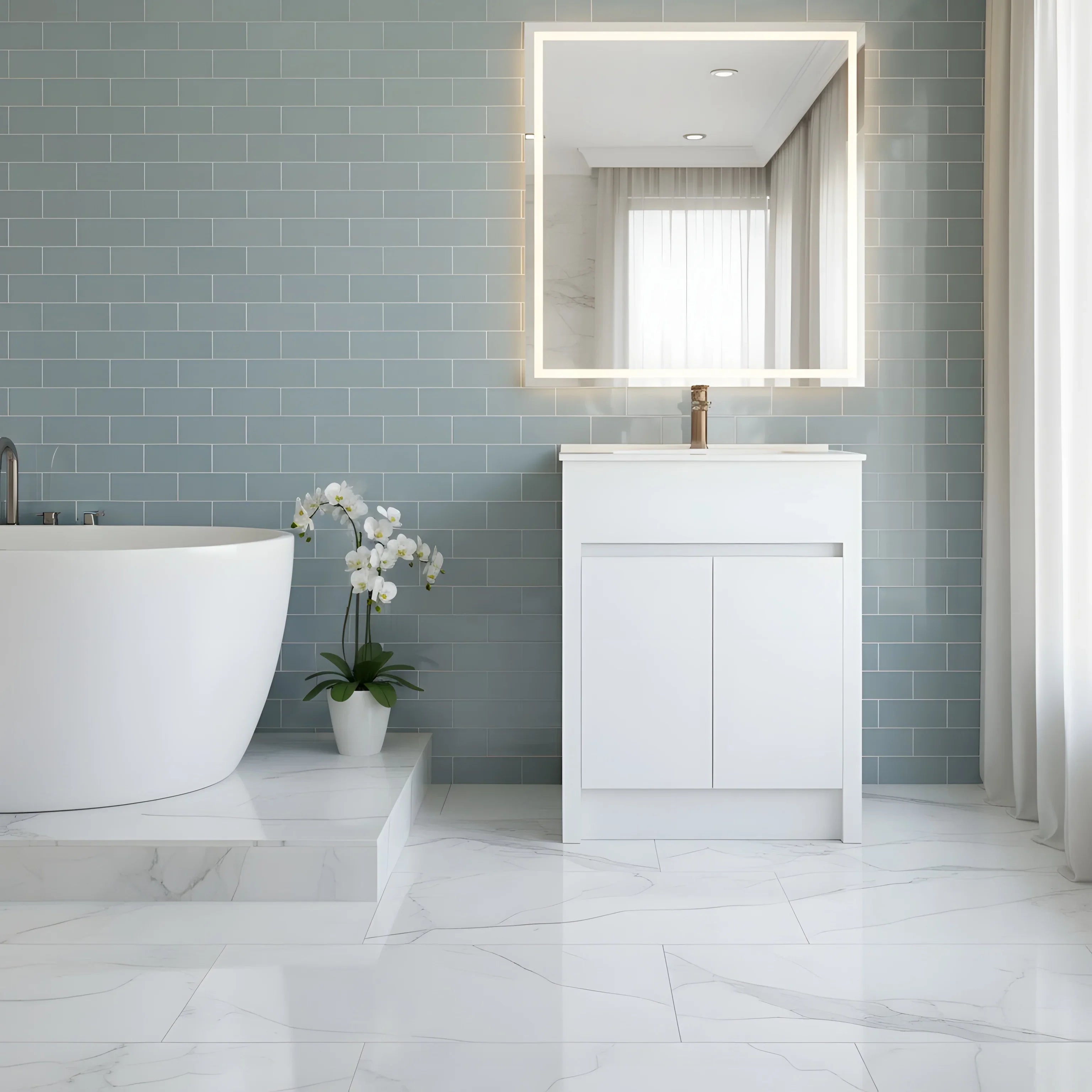 Meuble-Lavabo Autoportant 24po Blanc Mat avec Comptoir de Céramique Blanc