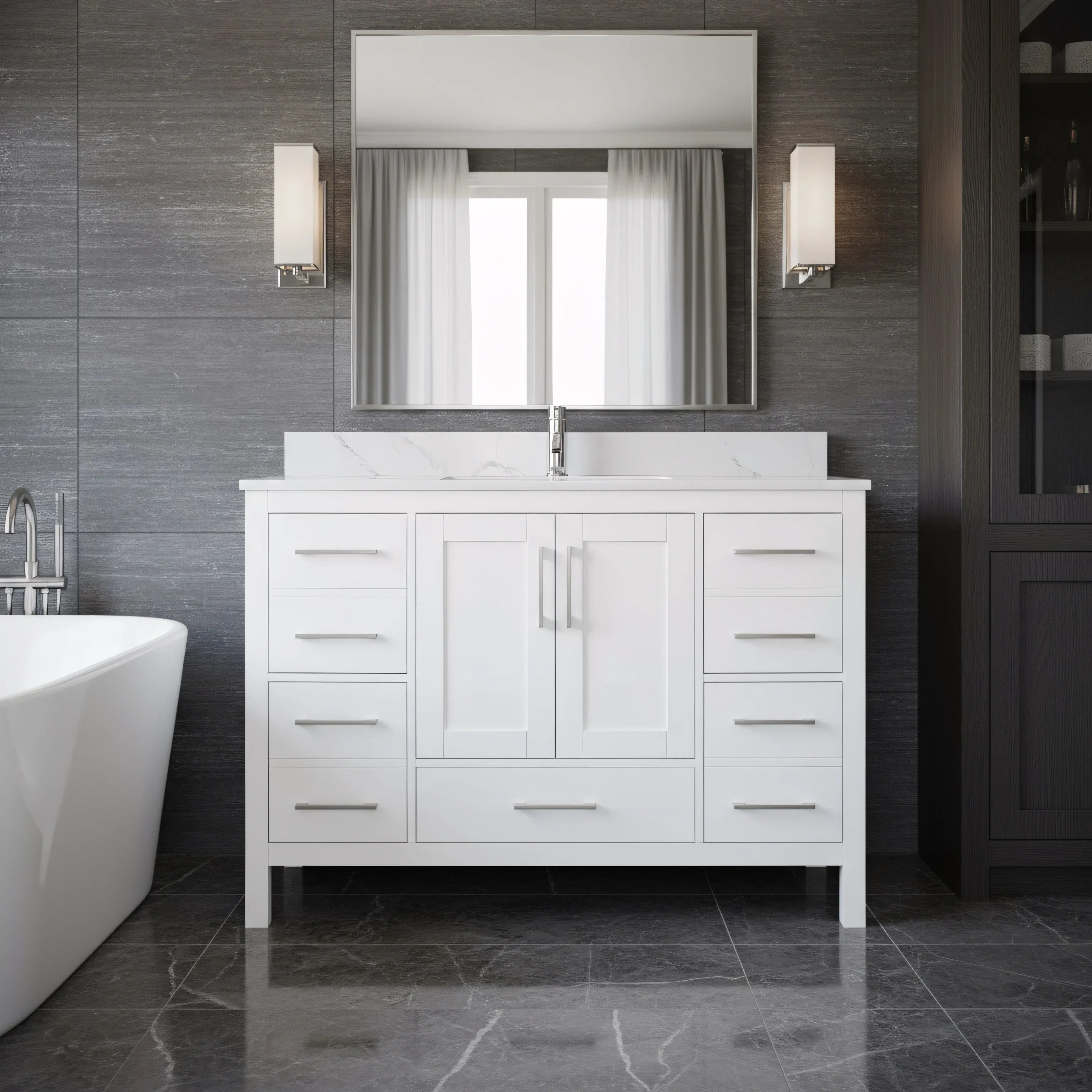 48" White Freestanding Bathroom Vanity with Engineered Calcutta Marble Countertop