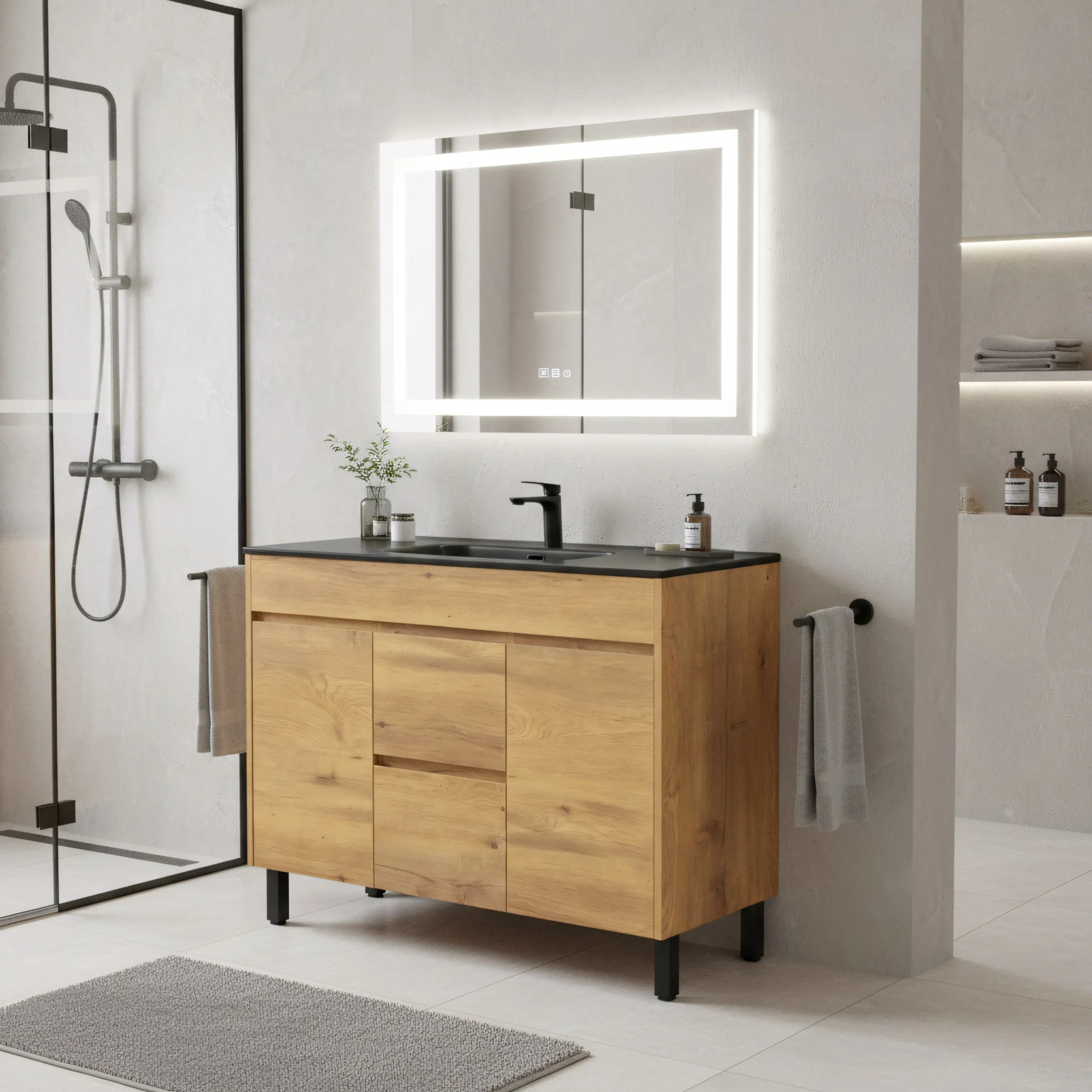 48" Frosted Oak Freestanding Single Sink Bathroom Vanity with Black Ceramic Countetop