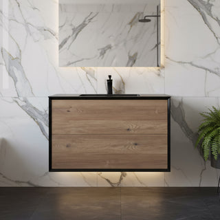 Meuble-Lavabo Mural 36po Noir et Chêne Brut avec Comptoir de Quartz d'ingénierie Noir
