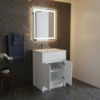 Meuble-Lavabo Autoportant 24po Chêne Blanc avec Comptoir de Céramique Blanc