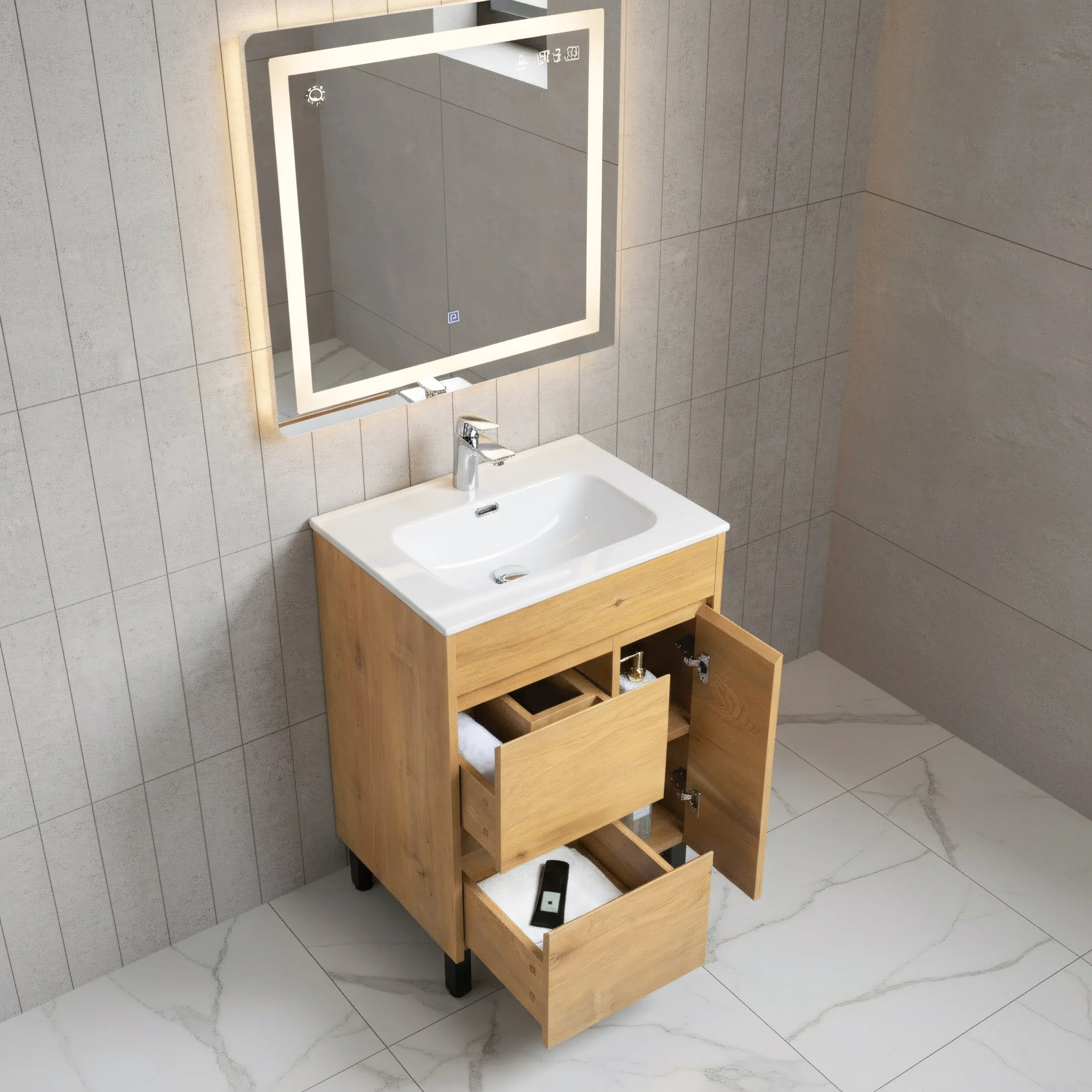 Meuble-Lavabo Autoportant 24po Chêne Givré avec Comptoir de Céramique Blanc