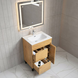 Meuble-Lavabo Autoportant 24po Chêne Givré avec Comptoir de Céramique Blanc