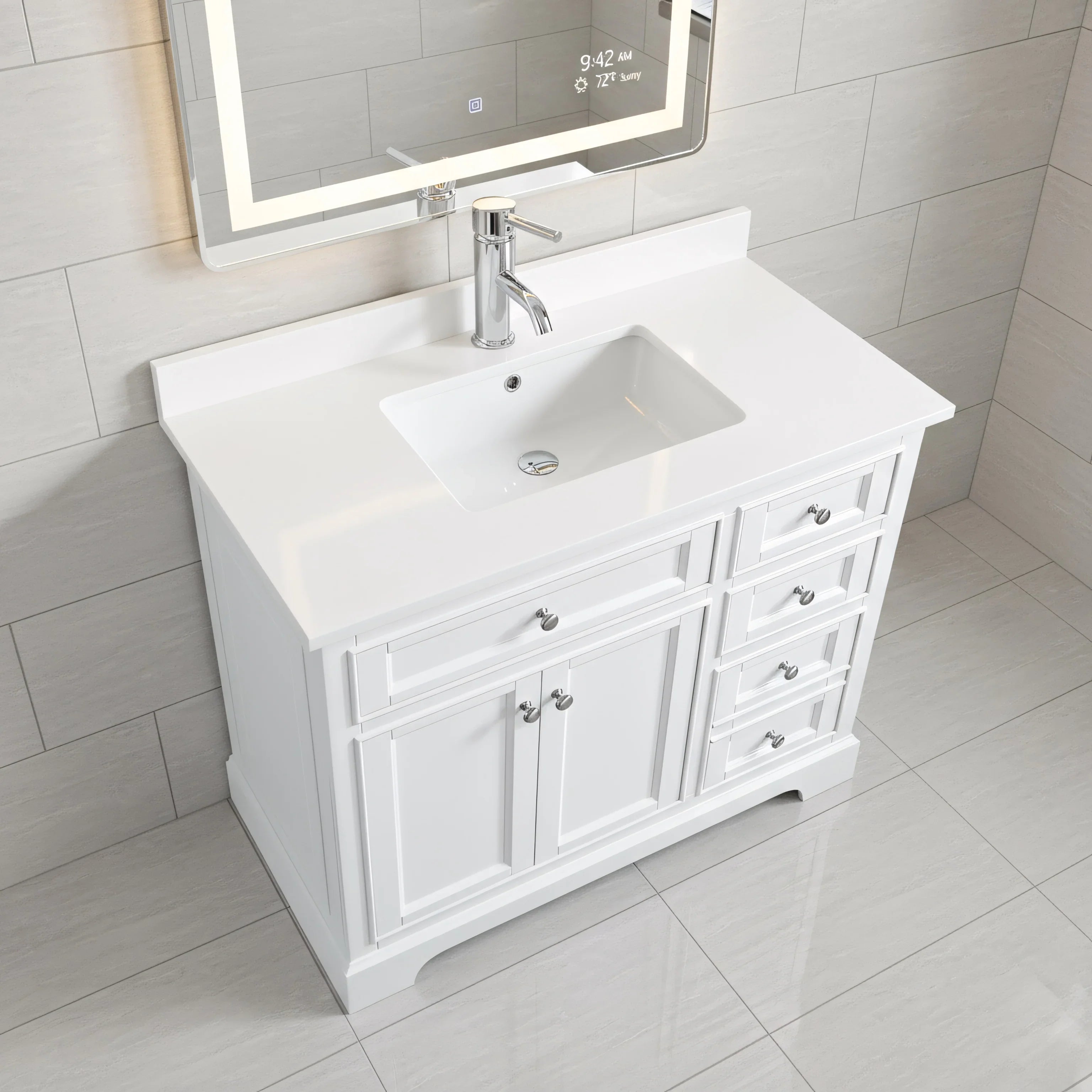 Meuble-Lavabo Autoportant 42po Blanc avec Comptoir de Quartz Blanc
