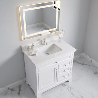 36" White Freestanding Single Sink Bathroom Vanity with Snow White Countertop