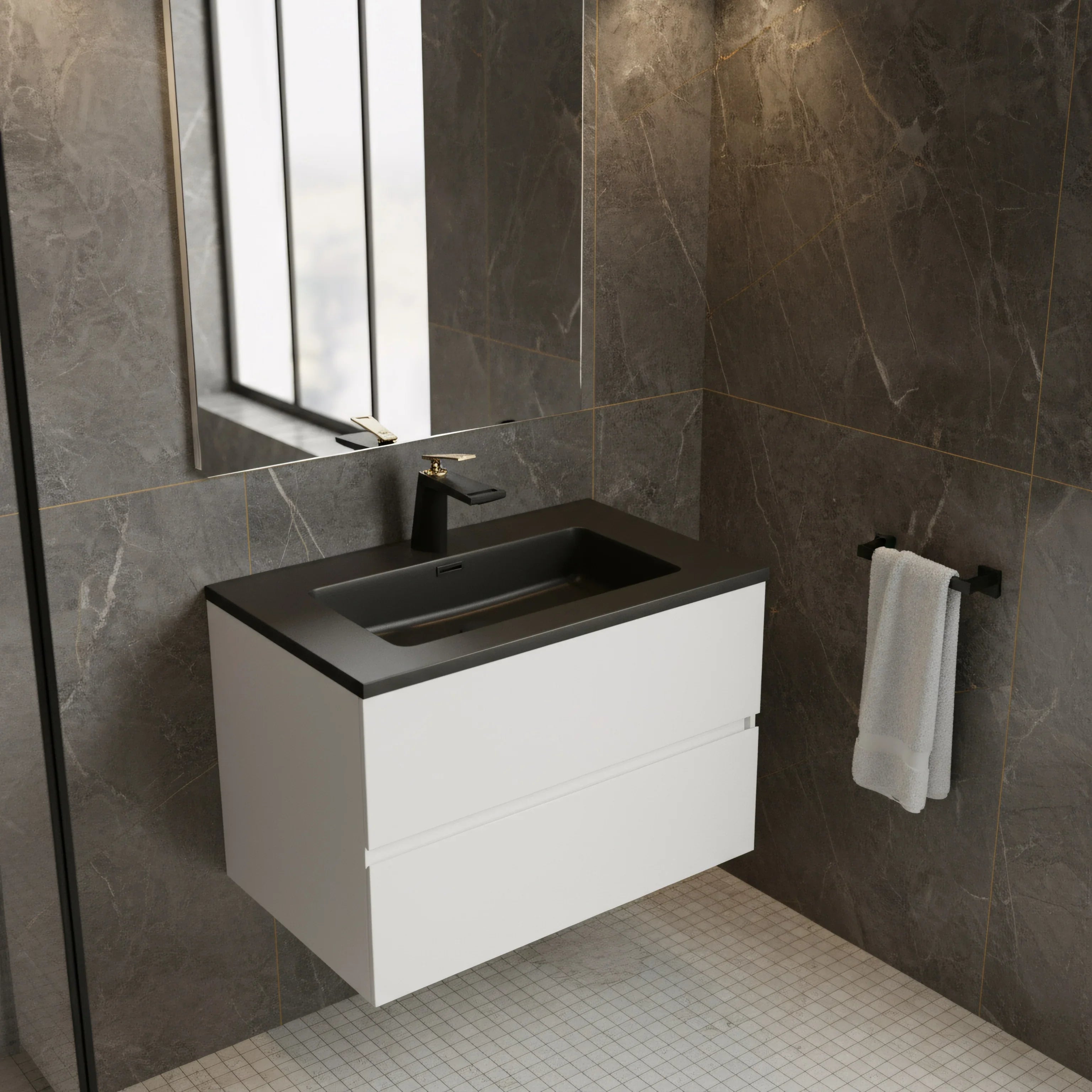 30" White Wall Mount Bathroom Vanity with Black Engineered Quartz Countertop