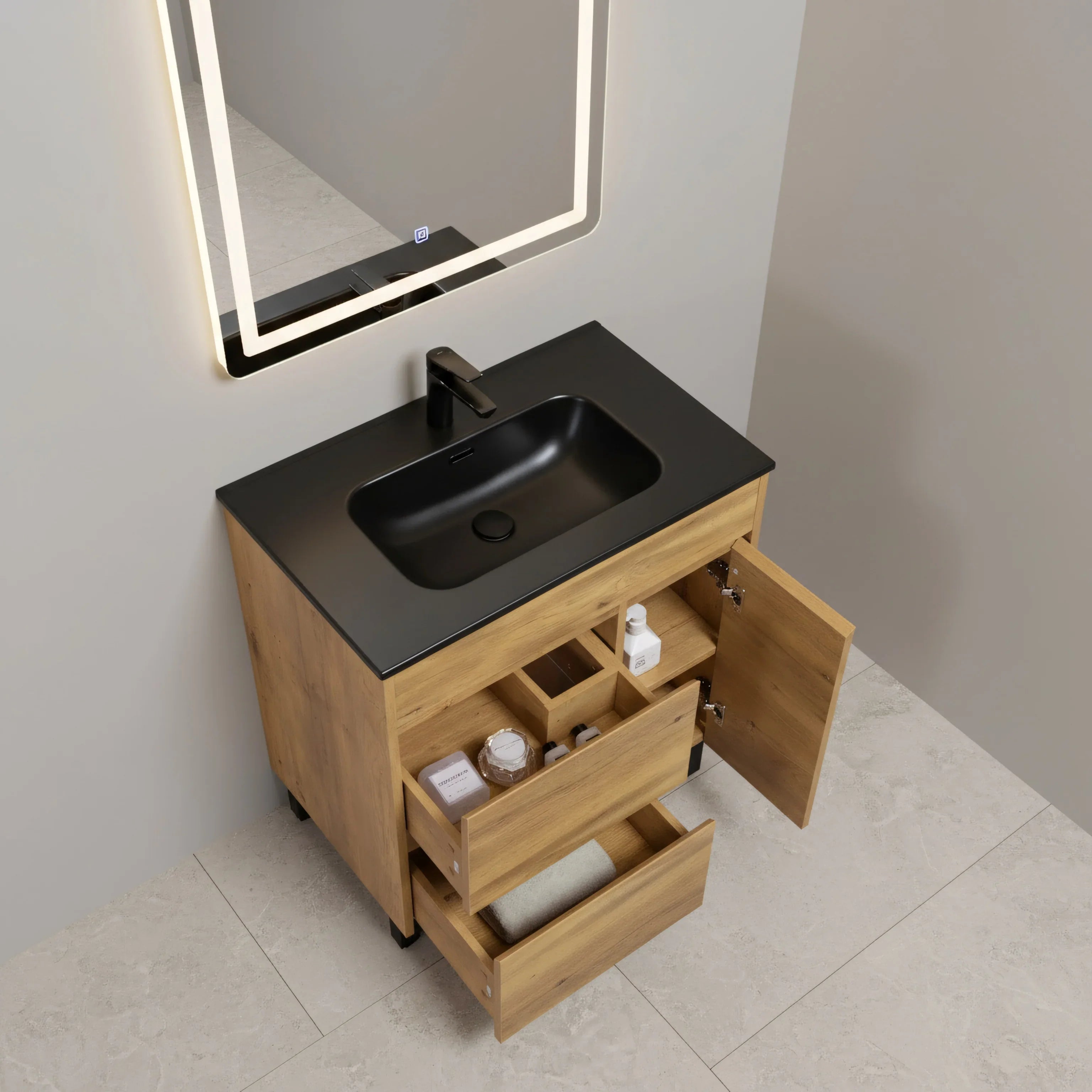 30" Frosted Oak Freestanding Single Sink Bathroom Vanity with Black Ceramic Countertop