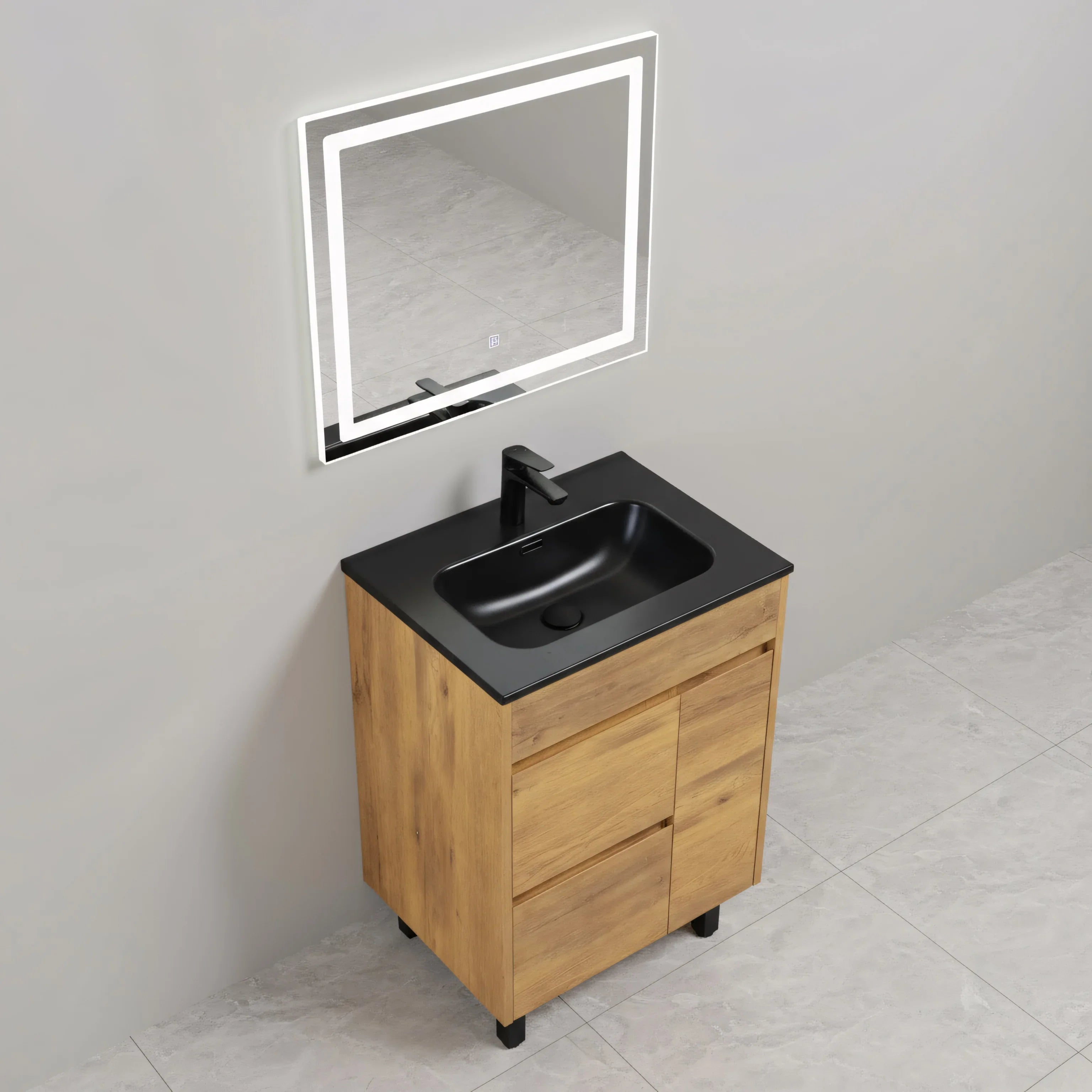 24" Frosted Oak Freestanding Single Sink Bathroom Vanity with Black Ceramic Countetop