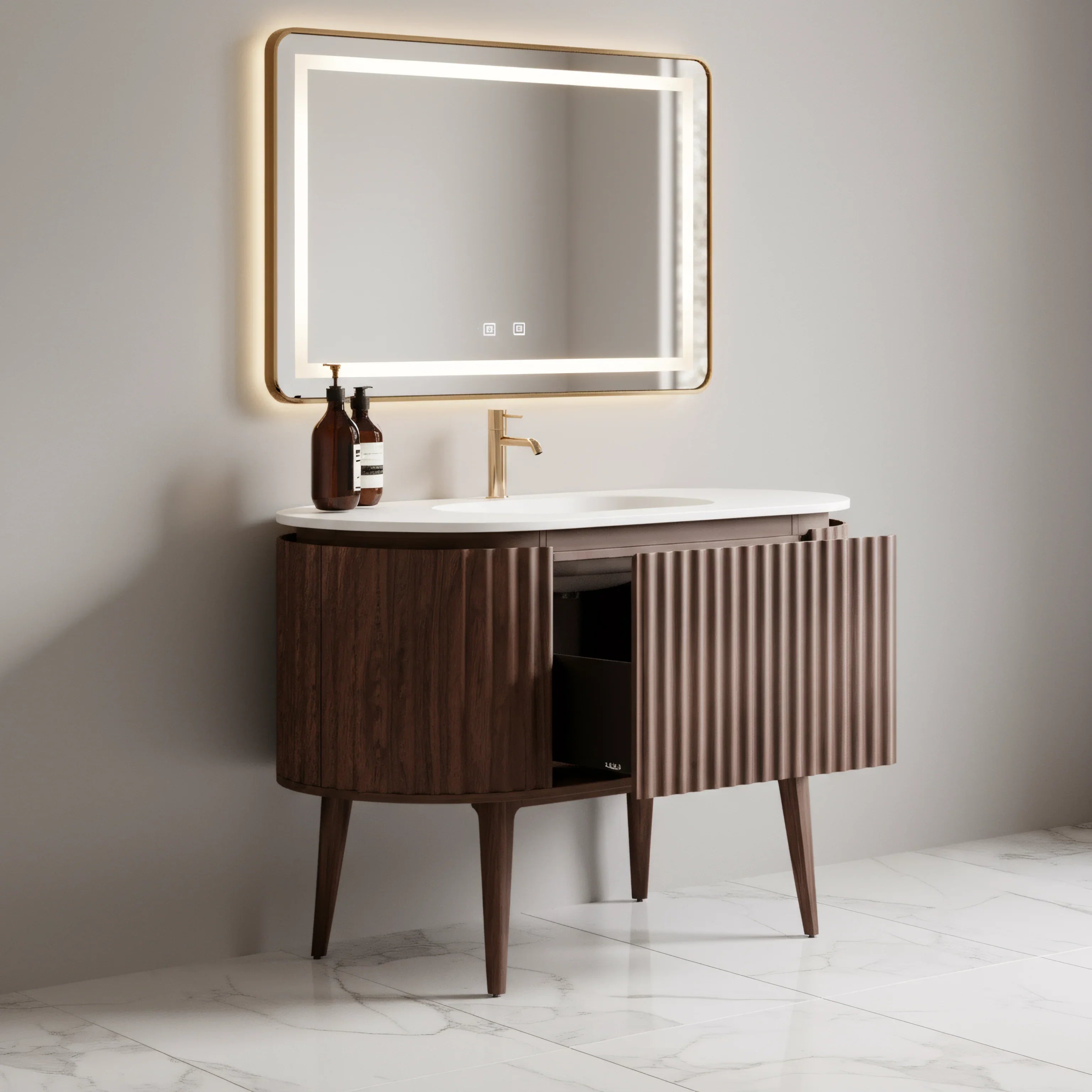 Meuble-lavabo 48 po en noyer courbé et cannelé - Comptoir blanc mat
