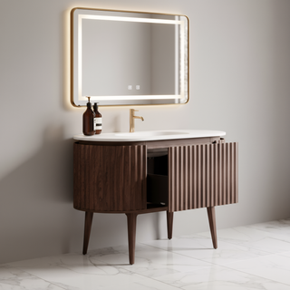 Meuble-lavabo Andorra 48 po en noyer courbé et cannelé - Comptoir blanc mat