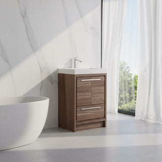 24" Walnut Freestanding Bathroom Vanity with White Polymarble Countertop