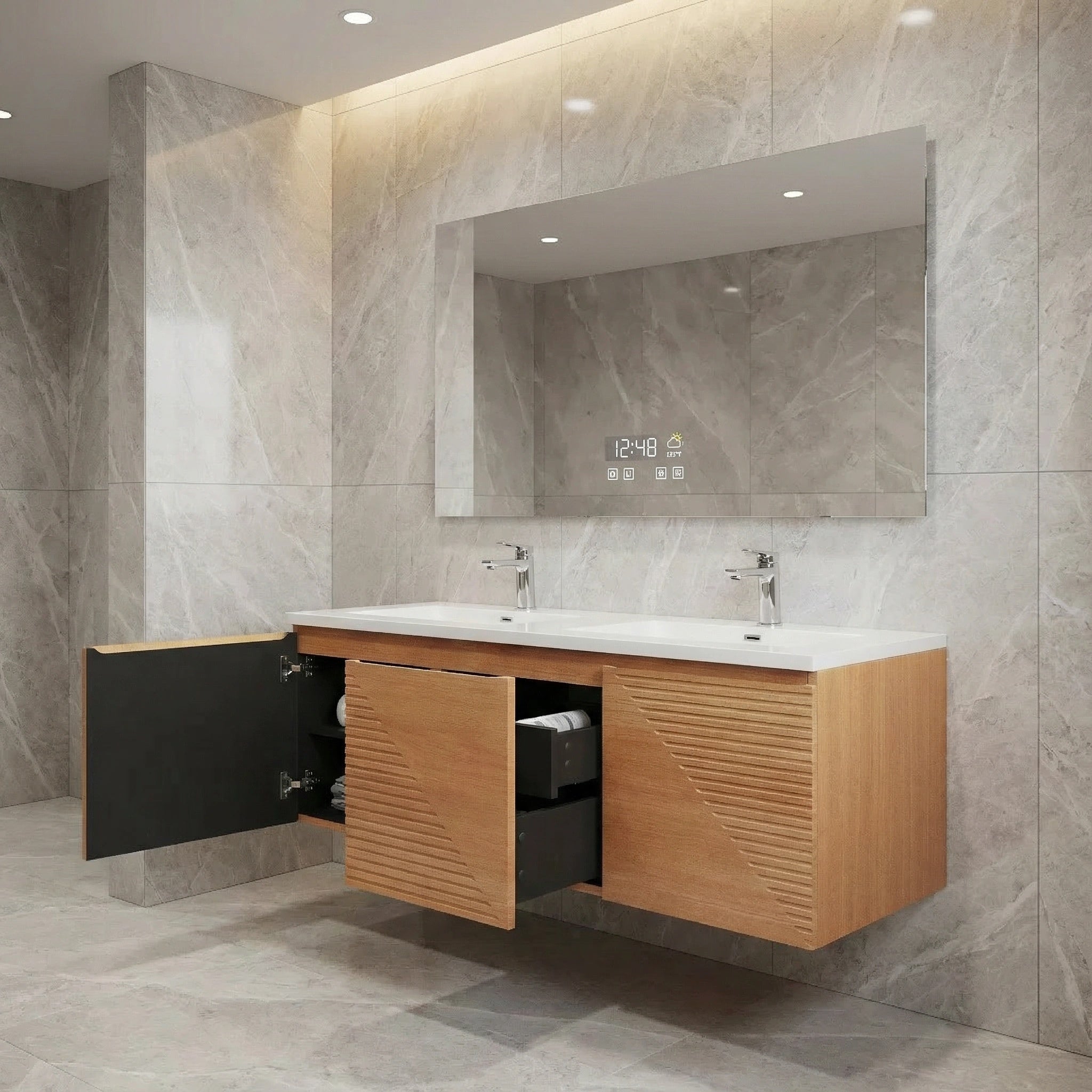 60" Light Oak Wall-Mounted Double Sink Bathroom Vanity with White Polymarble Countertop