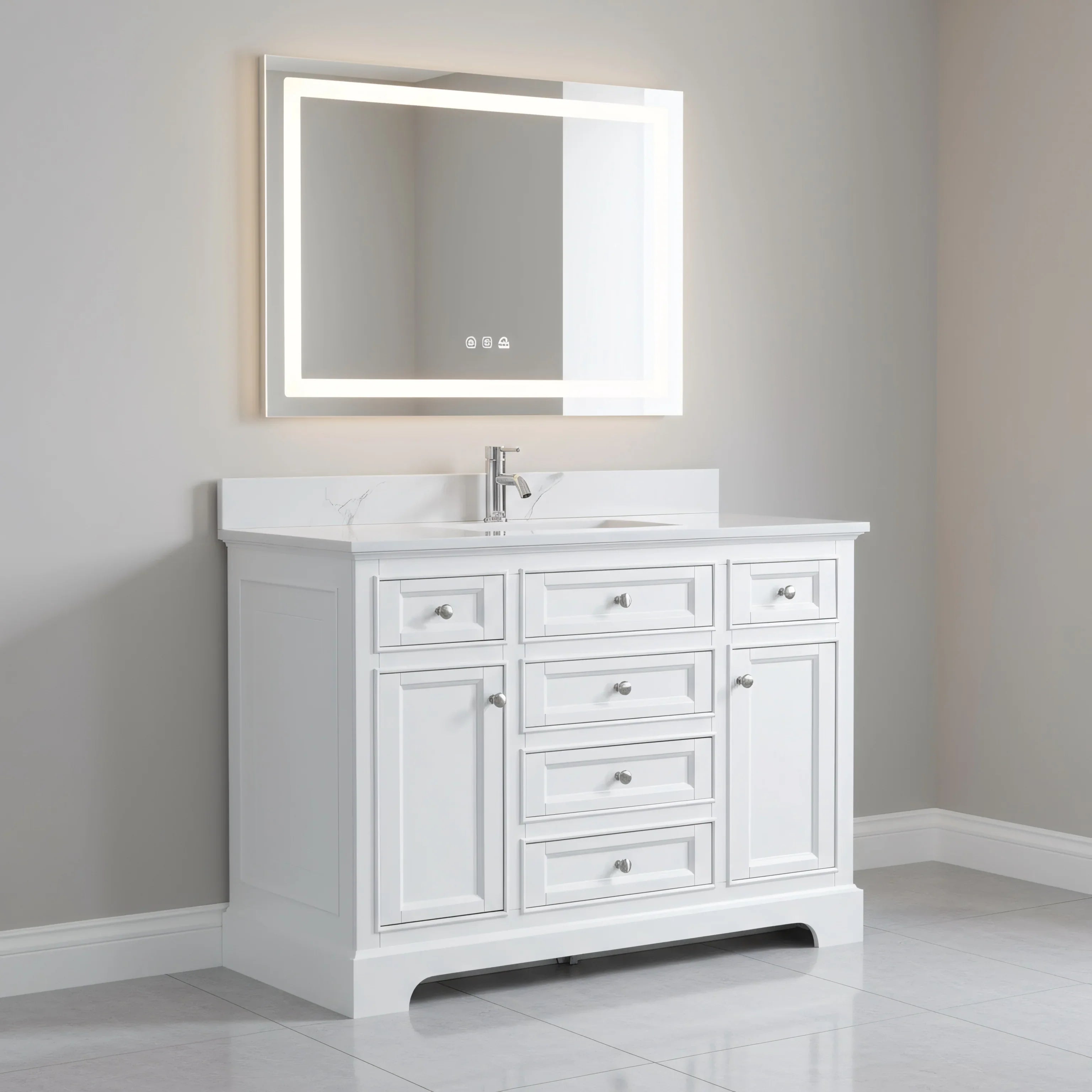 48" White Freestanding Bathroom Vanity with Engineered Calcutta Marble Countertop