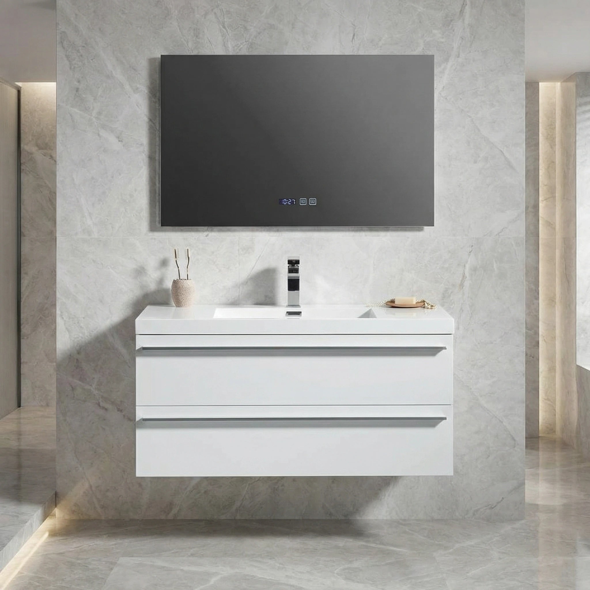 42" White Wall Mount Bathroom Vanity with White Polymarble Countertop