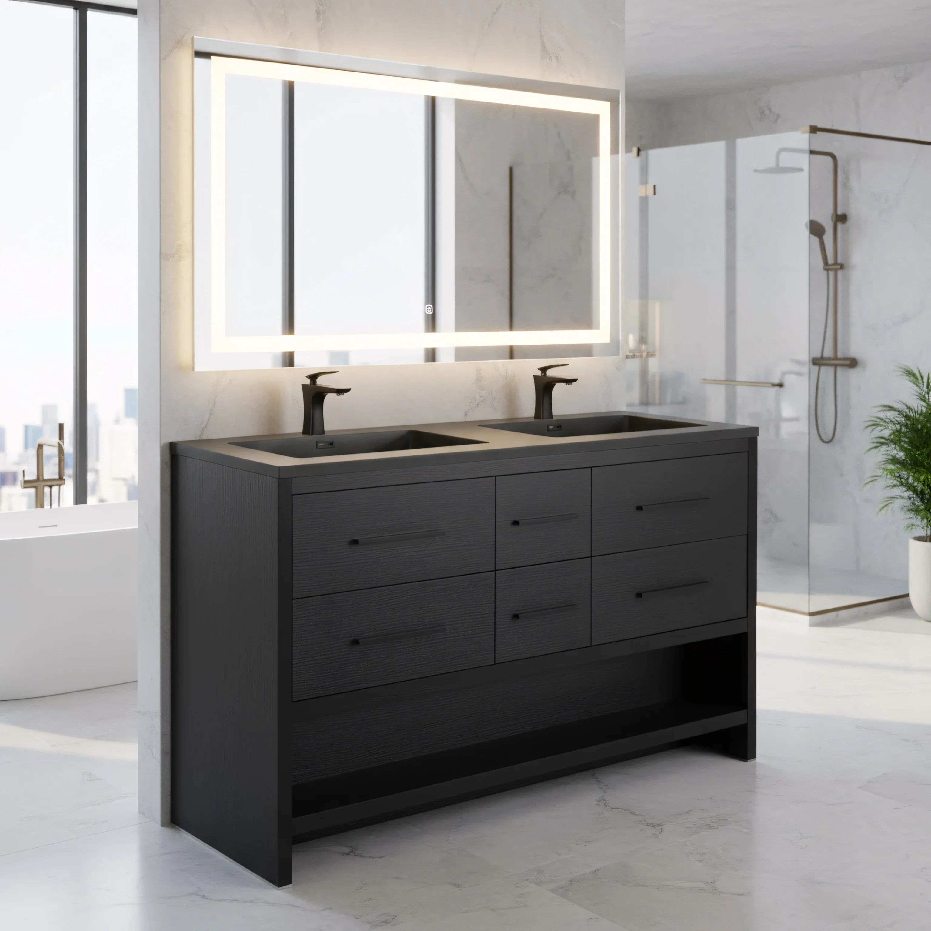 Meuble-lavabo de salle de bain autoportant en chêne brut noir de 72" avec Comptoir en quartz noir reconstitué