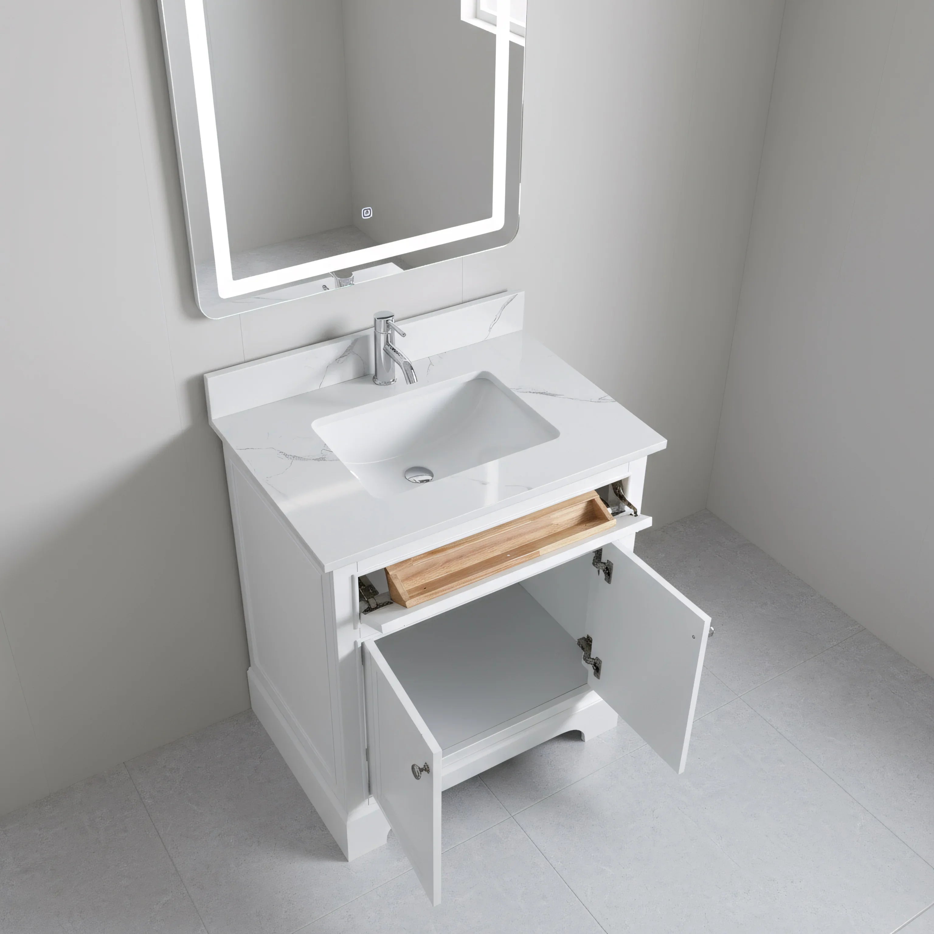 Meuble-Lavabo Autoportant 24po Blanc avec Comptoir de Marbre Ingénierie Calcutta